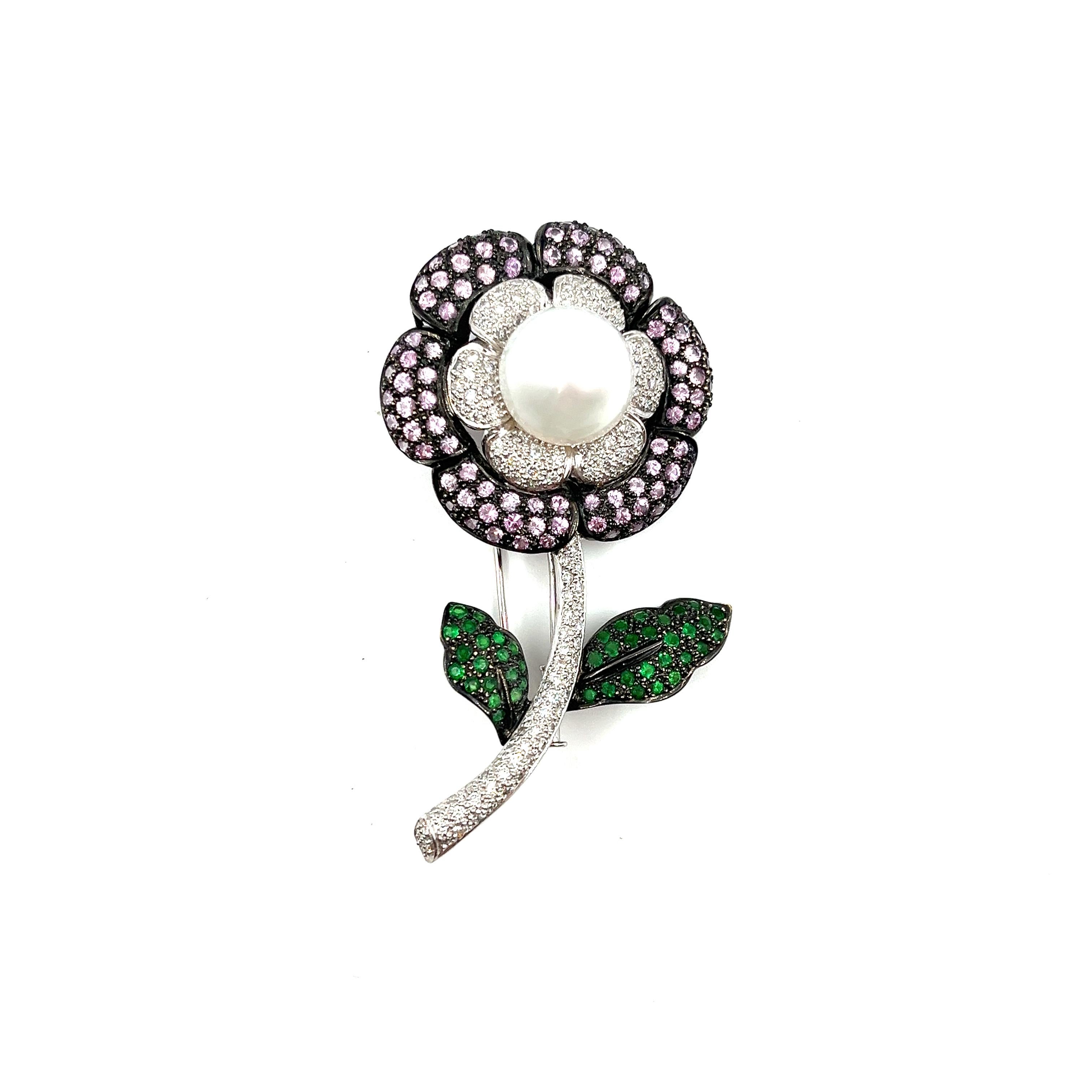 Round Cut 2.42 ct Natural Tourmaline, Tsavorite & Diamond Brooch For Sale