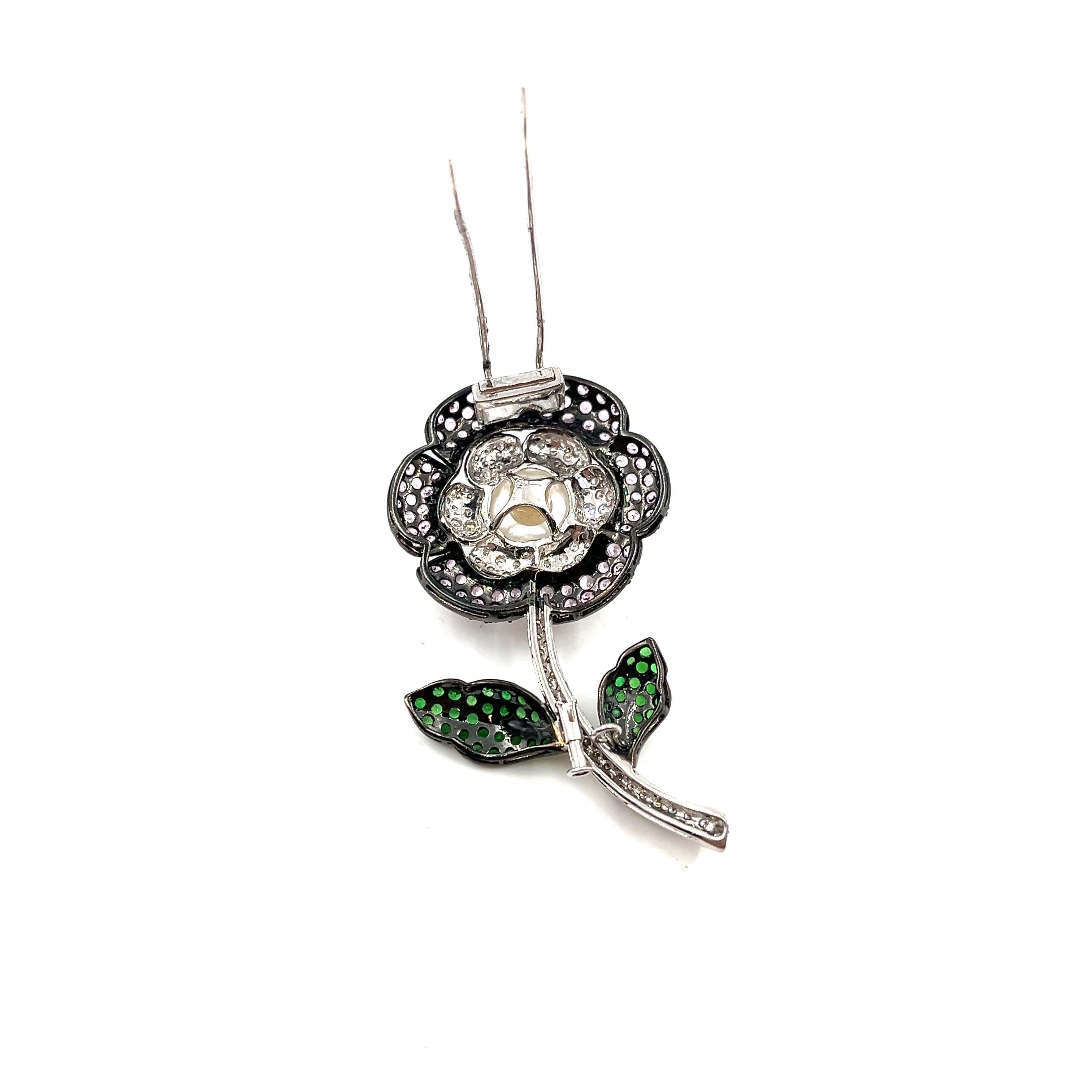 2.42 ct Natural Tourmaline, Tsavorite & Diamond Brooch In New Condition For Sale In Chicago, IL