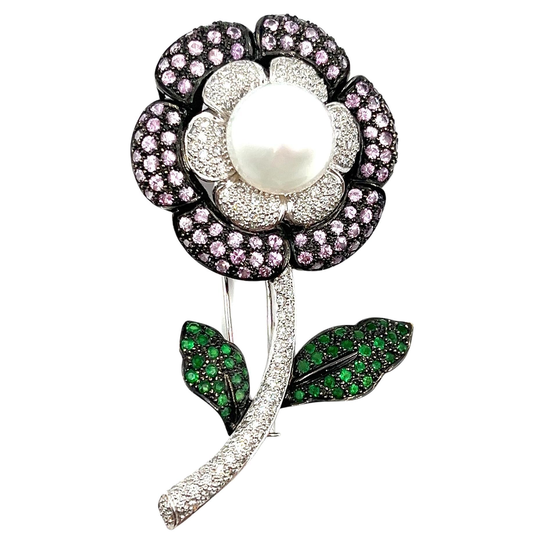 2.42 ct Natural Tourmaline, Tsavorite & Diamond Brooch For Sale