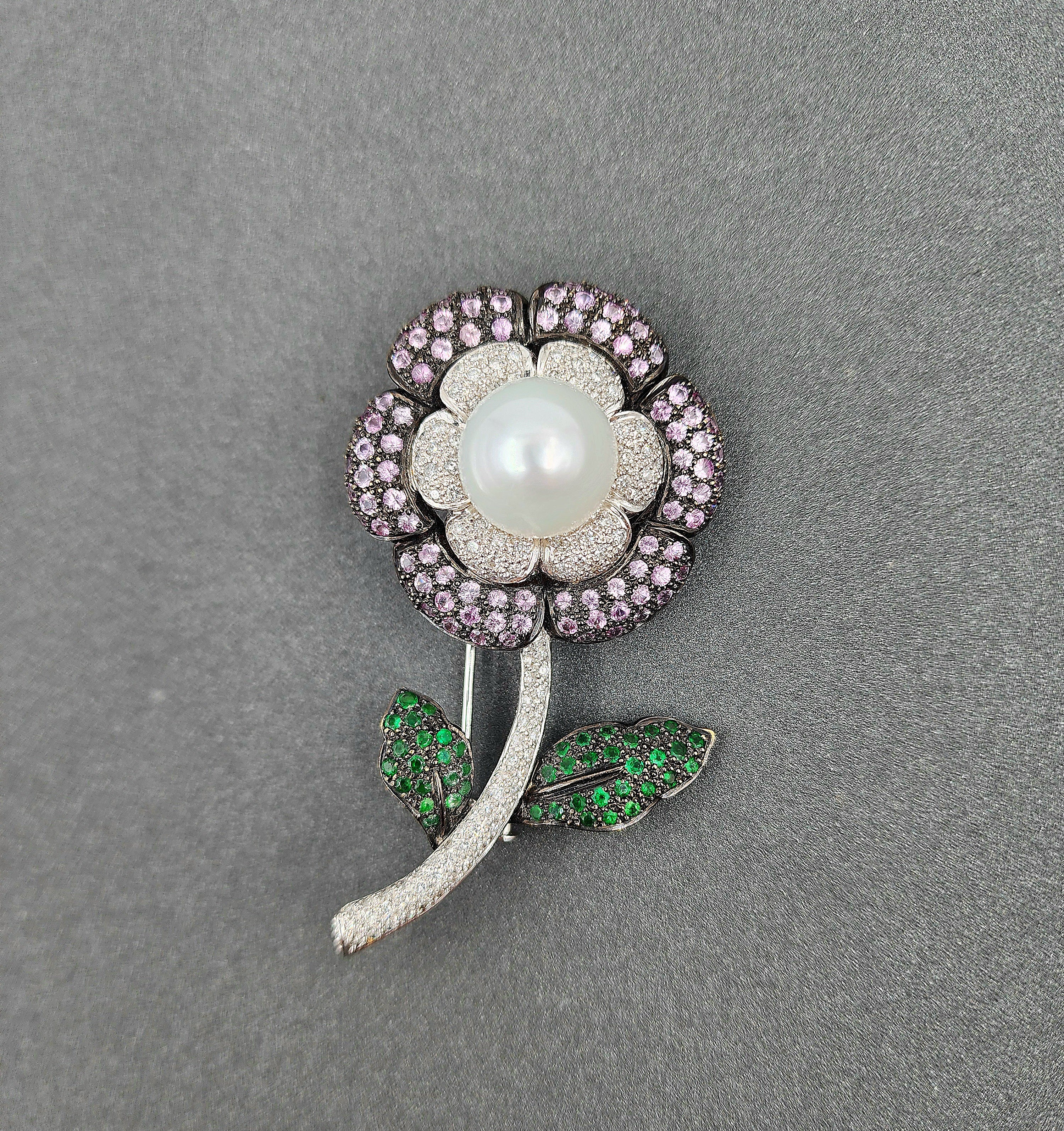 Exquisite 2.42 Carat Pearl, Tourmaline, Tsavorite, and Diamond Brooch