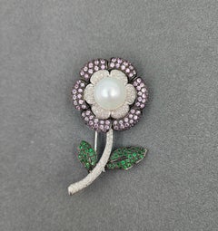 2,42 ct Natürlicher Turmalin, Tsavorit & Diamant-Brosche