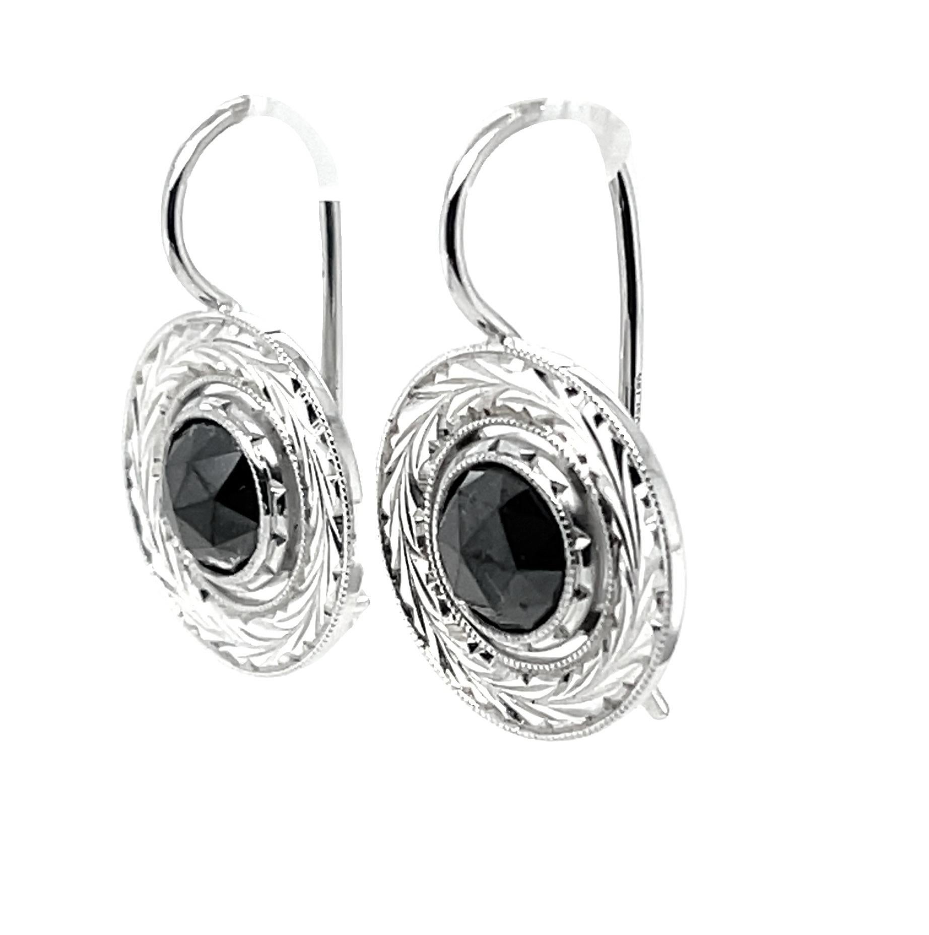 Artisan Rose Cut Black Diamond Engraved Drop Earrings in White Gold, 2.42 Carats Total For Sale