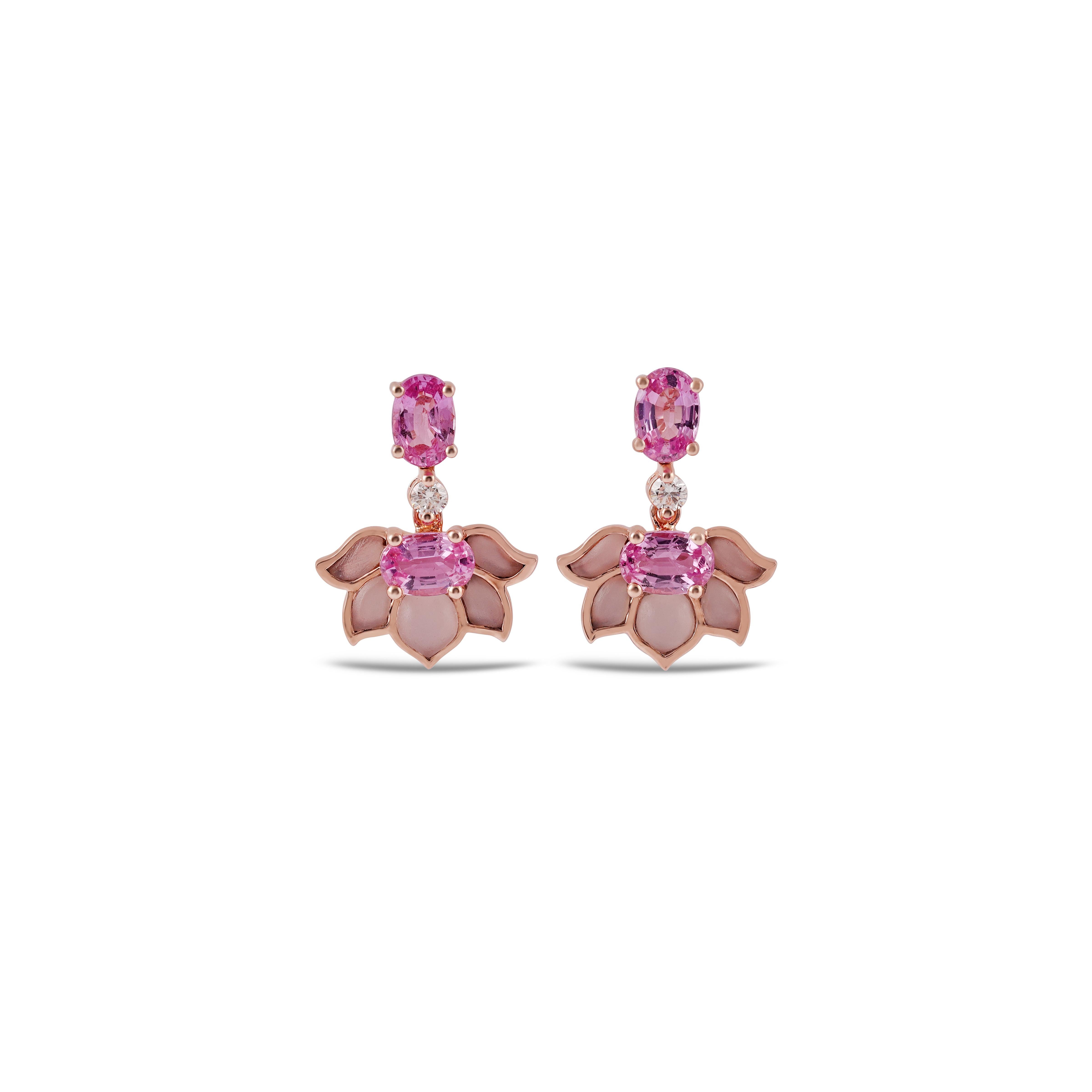 A beautiful pair of Clear Pink Sapphire Oval cuts. This pair of earrings has custom-cut (1.27 Carat)  Rose quartz set in a Lotus pattern & (0.10Carat) Diamond . These  Rose quartz stations are surrounded by(2,41 Carat) Pink Sapphire in Rose Gold