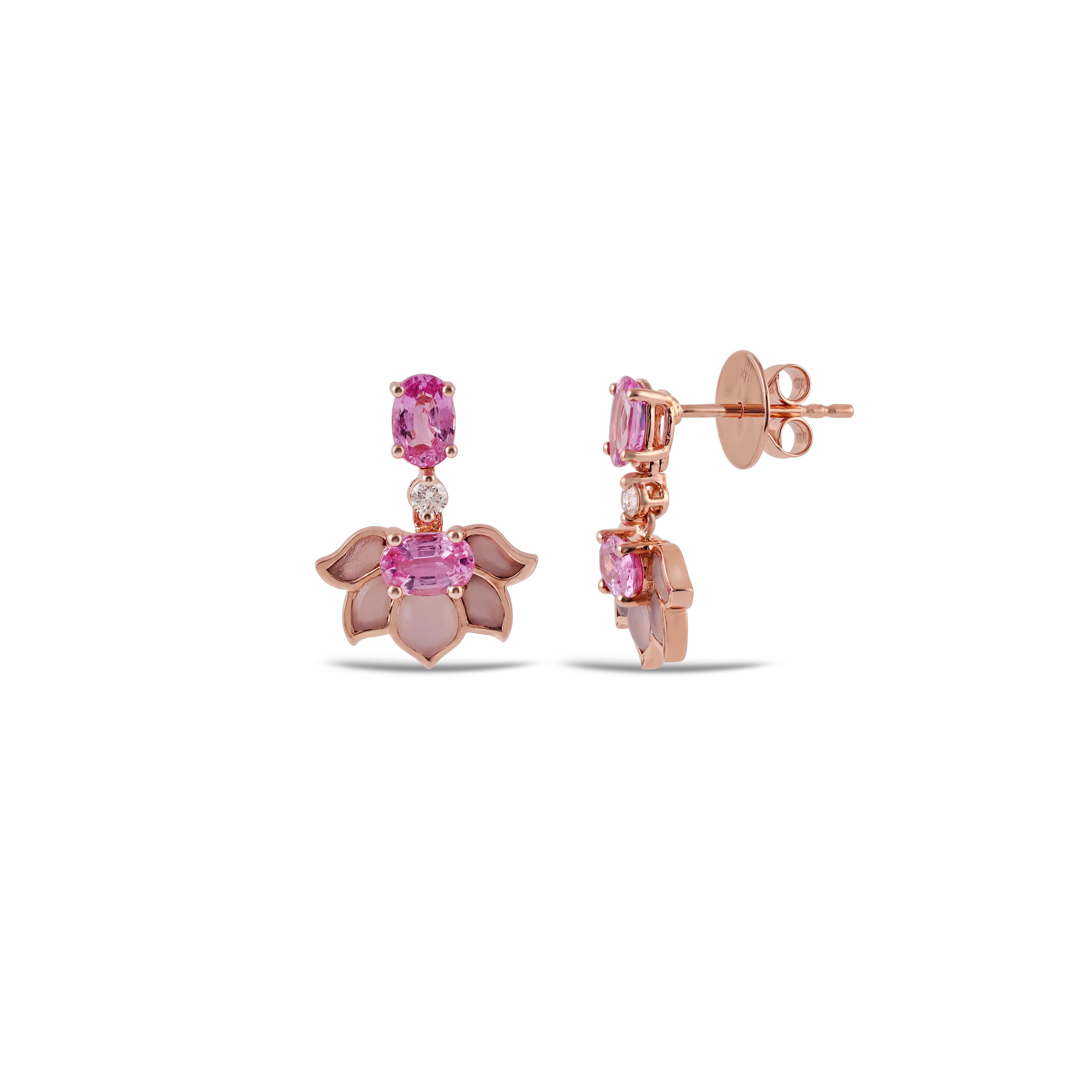 Contemporary 2.42 cts Pink Sapphire, Rose quartz & Round Diamonds Earrings in 18k Rose Gold For Sale