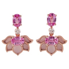 2.42 cts Pink Sapphire, Rose quartz & Round Diamonds Earrings in 18k Rose Gold