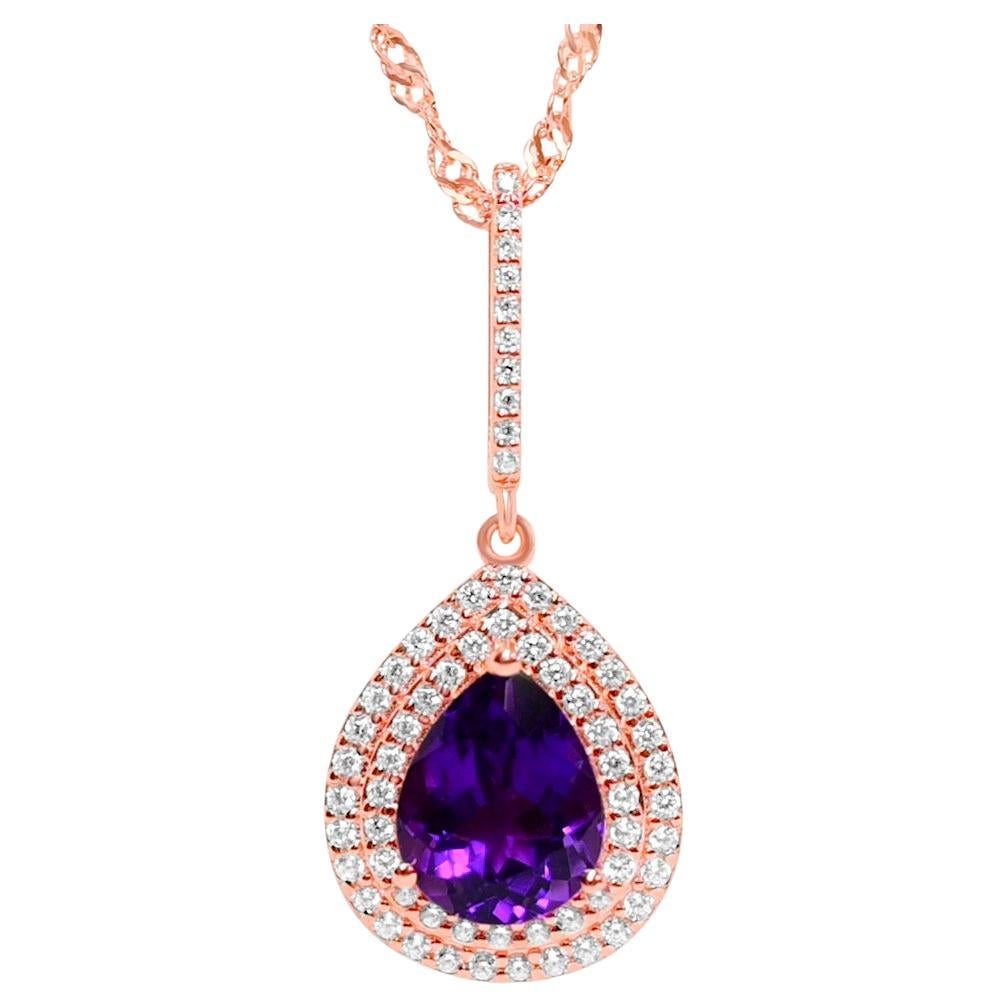 2.42 Ctw Amethyst Halo Pendant Necklace 18K Rose Gold Plated For Women Necklace