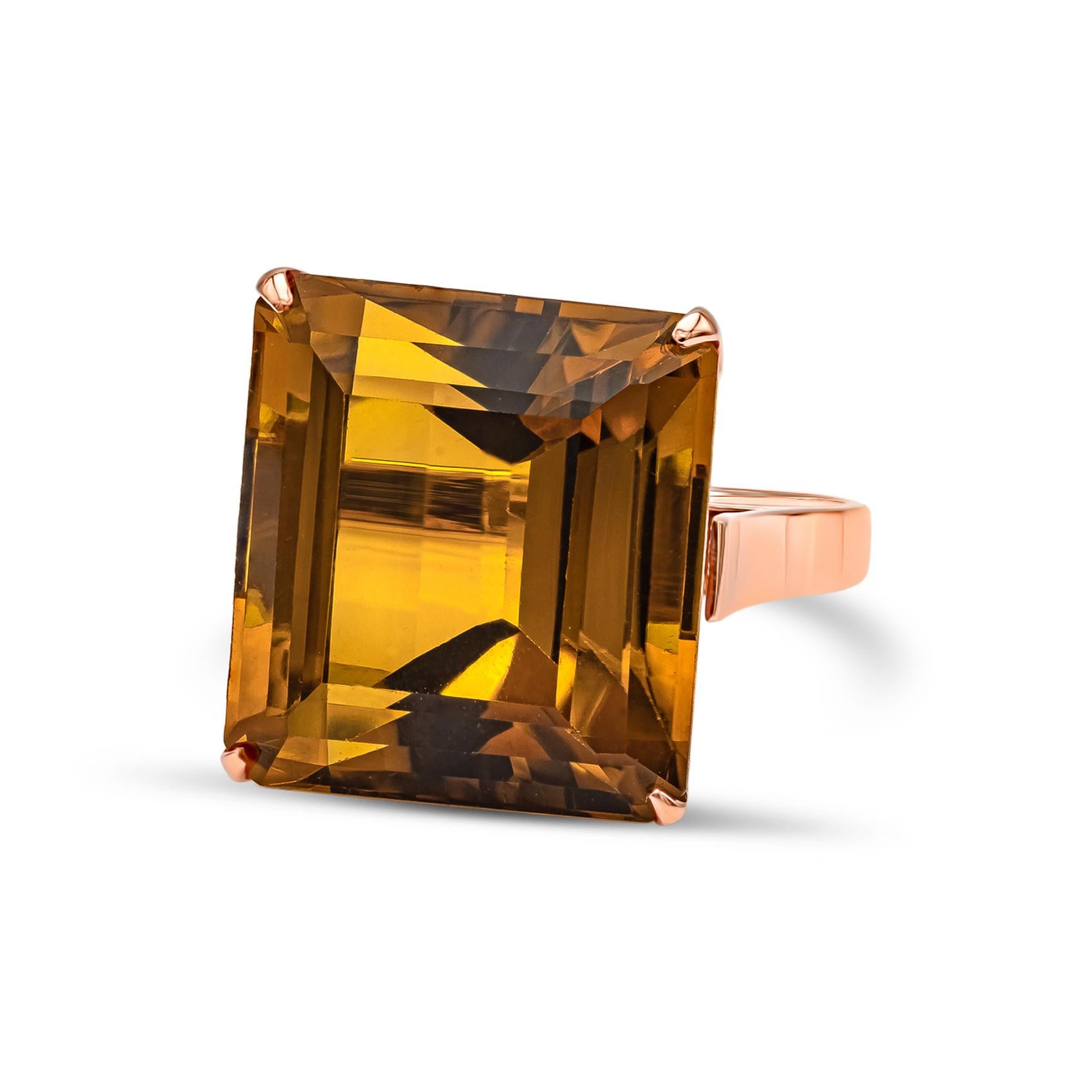 Contemporary 24.20 Carat Emerald Cut Orange Citrine Cocktail Ring in Rose Gold