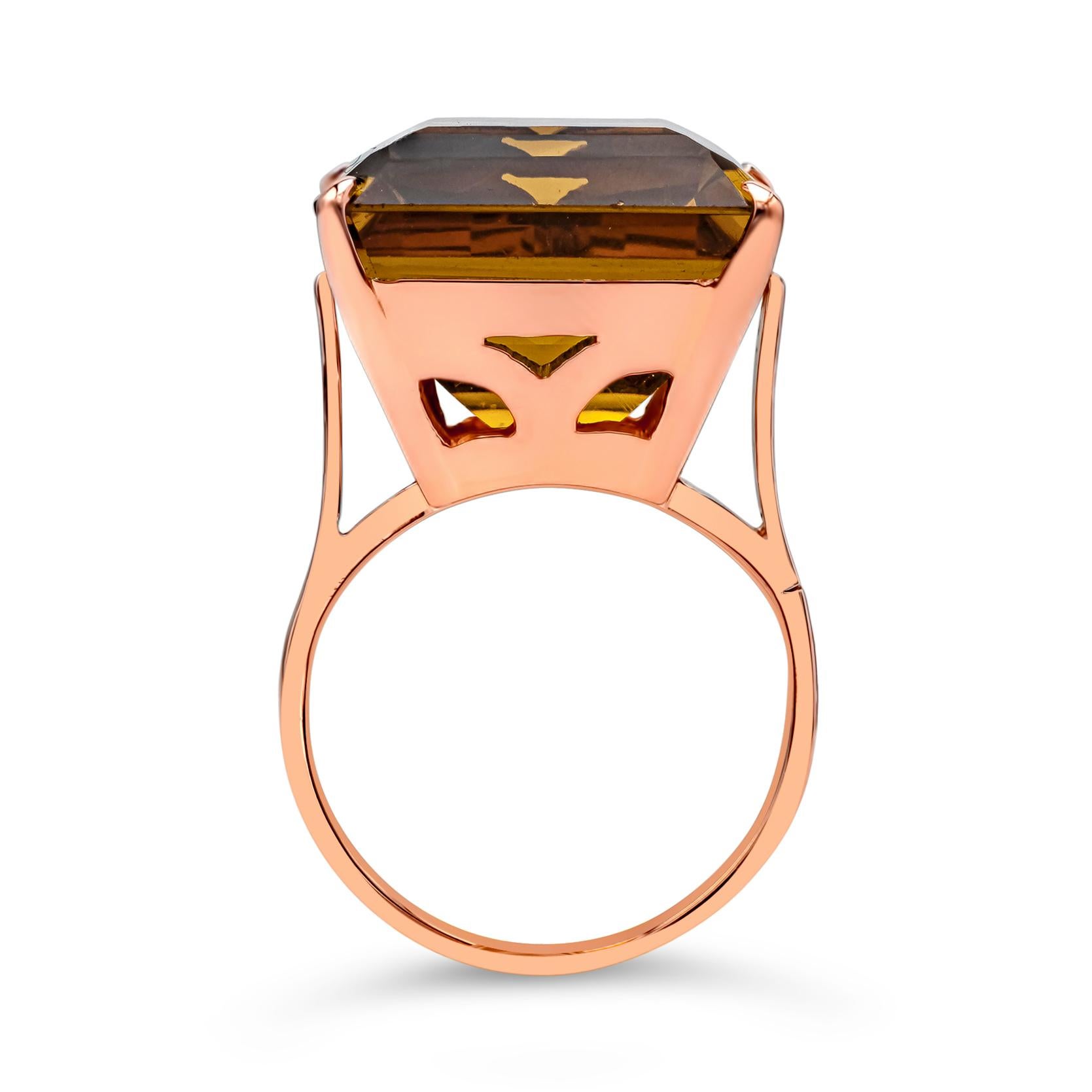 24.20 Carat Emerald Cut Orange Citrine Cocktail Ring in Rose Gold In Good Condition In New York, NY