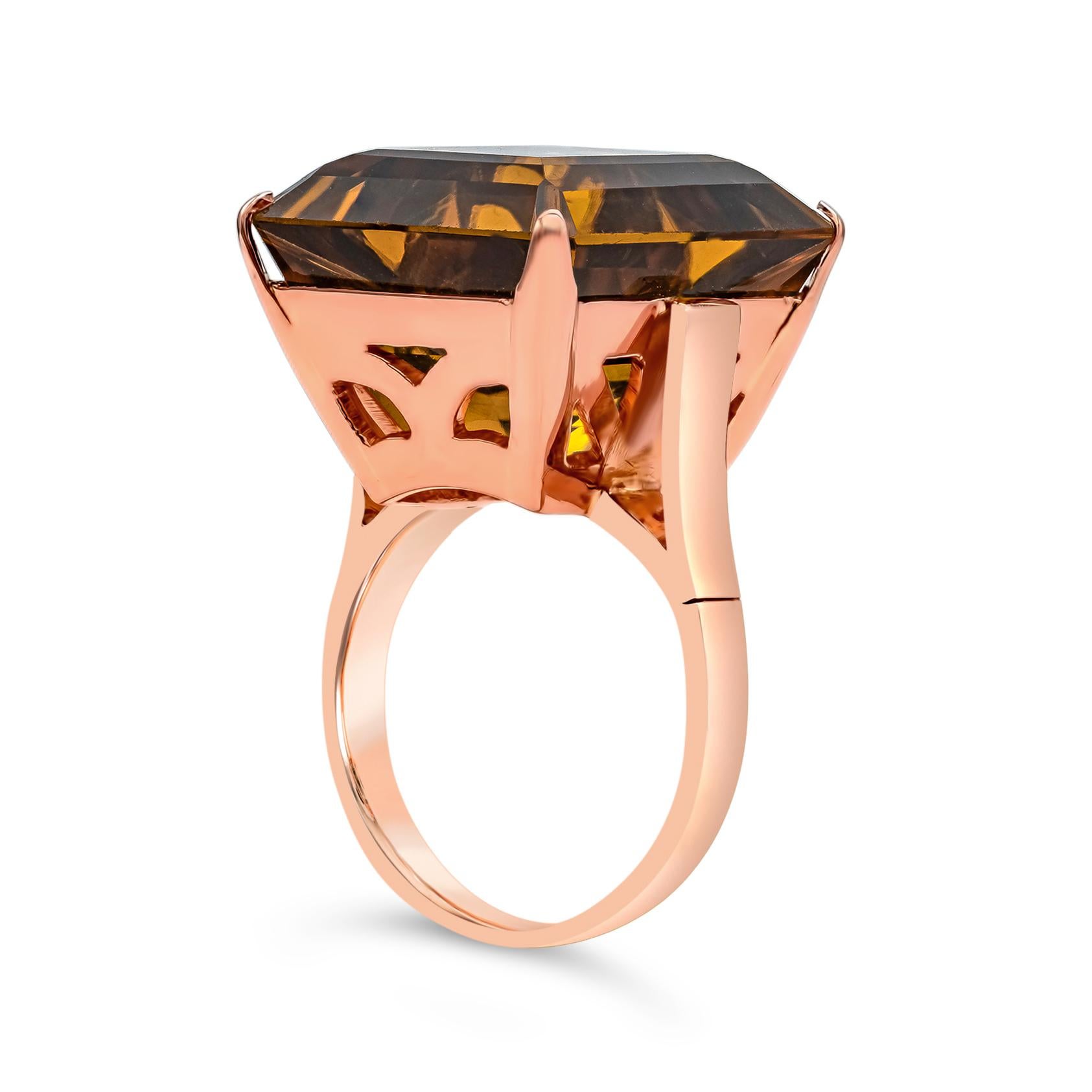Women's 24.20 Carat Emerald Cut Orange Citrine Cocktail Ring in Rose Gold