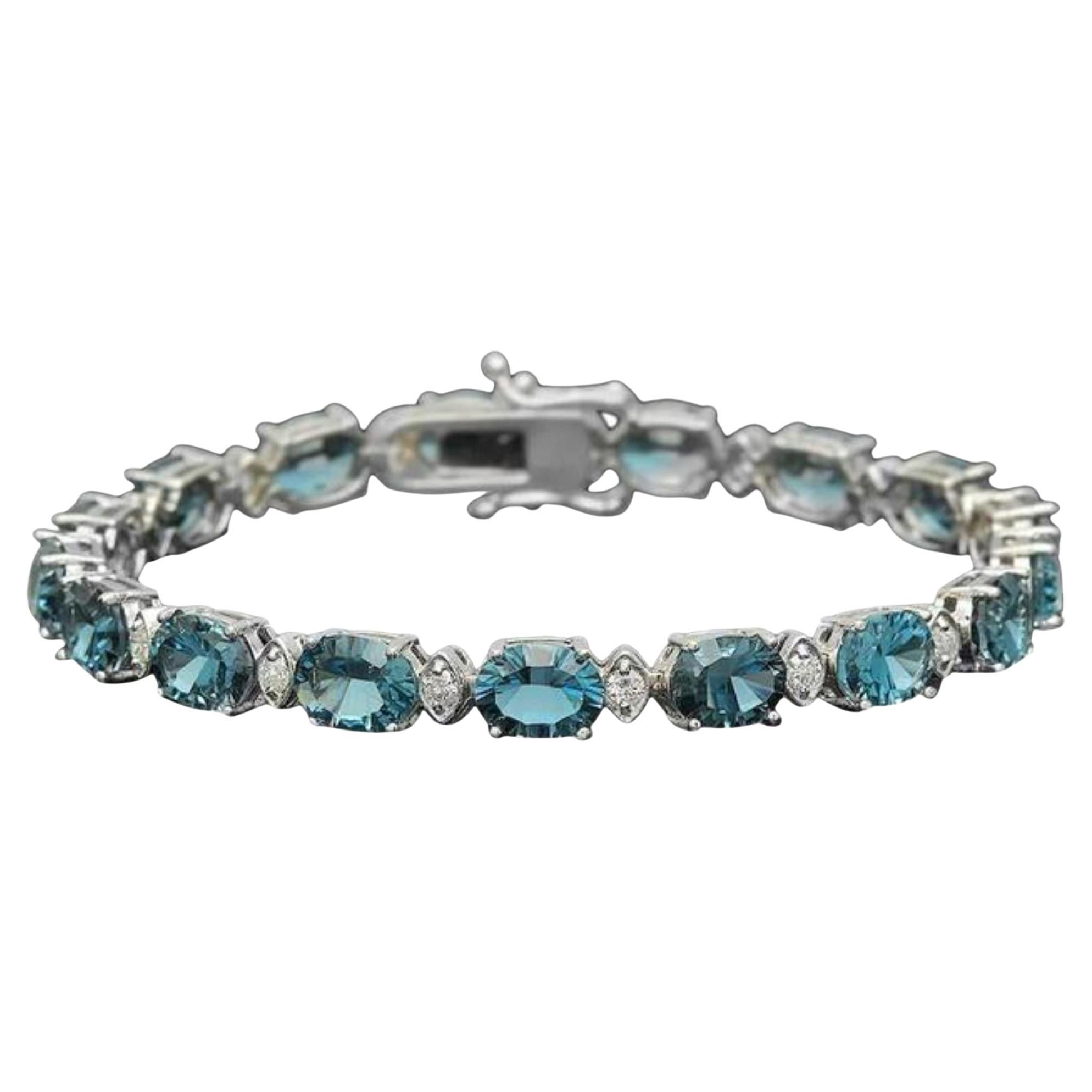 24.20 Natural Blue Topaz and Diamond 14K Solid White Gold Bracelet