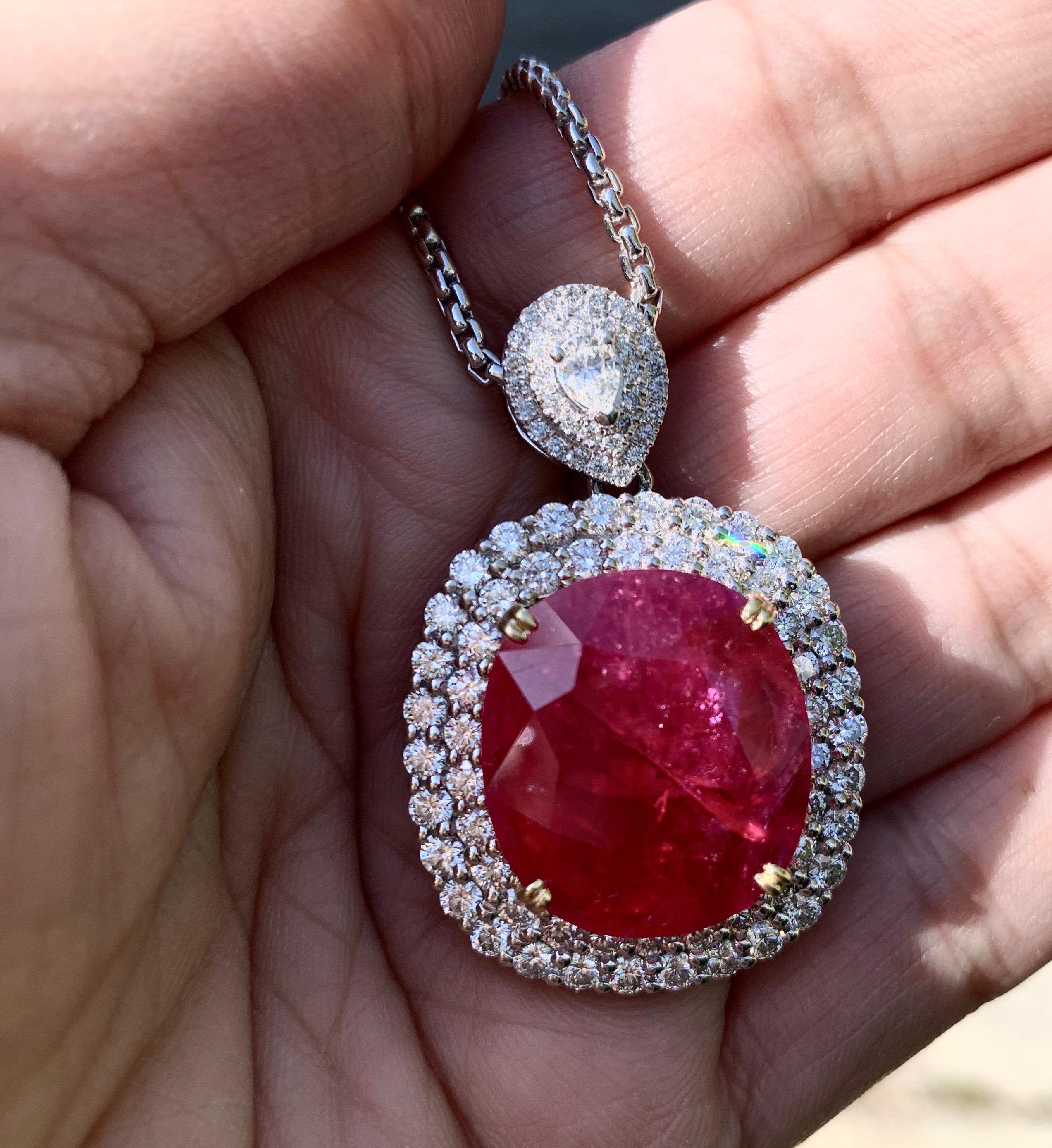 Contemporary Mozambique 24.21 Carat Ruby Diamond Pendant Necklace For Sale