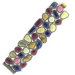 242.40 Carat Multi Sapphire Diamond Bracelet Oxidized Sterling Silver, 14K Gold