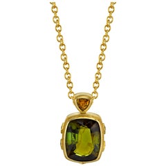 24.27 Ct. Green Tourmaline and Yellow Sapphire, Yellow Gold Bezel Drop Pendant