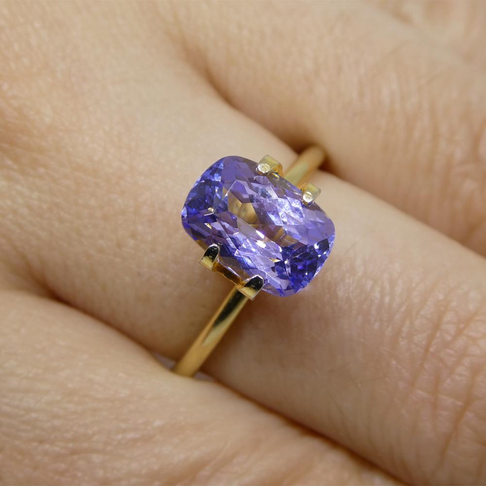 Description:

Gem Type: Tanzanite
Number of Stones: 1
Weight: 2.42 cts
Measurements: 9.36 x 6.60 x 4.72 mm
Shape: Cushion
Cutting Style Crown: Modified Brilliant Cut
Cutting Style Pavilion: Brilliant Cut
Transparency: Transparent
Clarity: Very