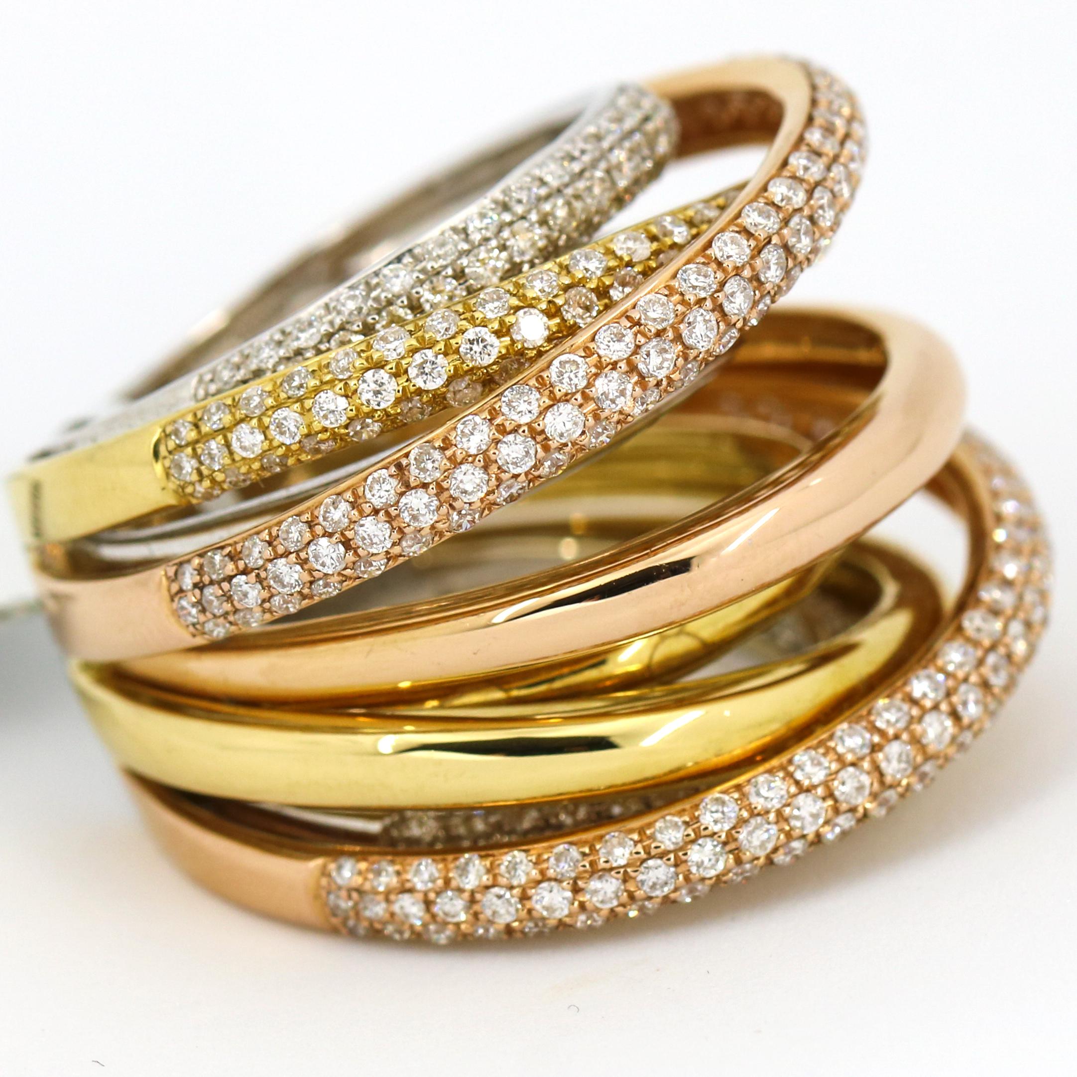 Modern 2.43 Carat 18 Karat Tri-Gold Diamond 9-Band Crossover Fashion Ring For Sale