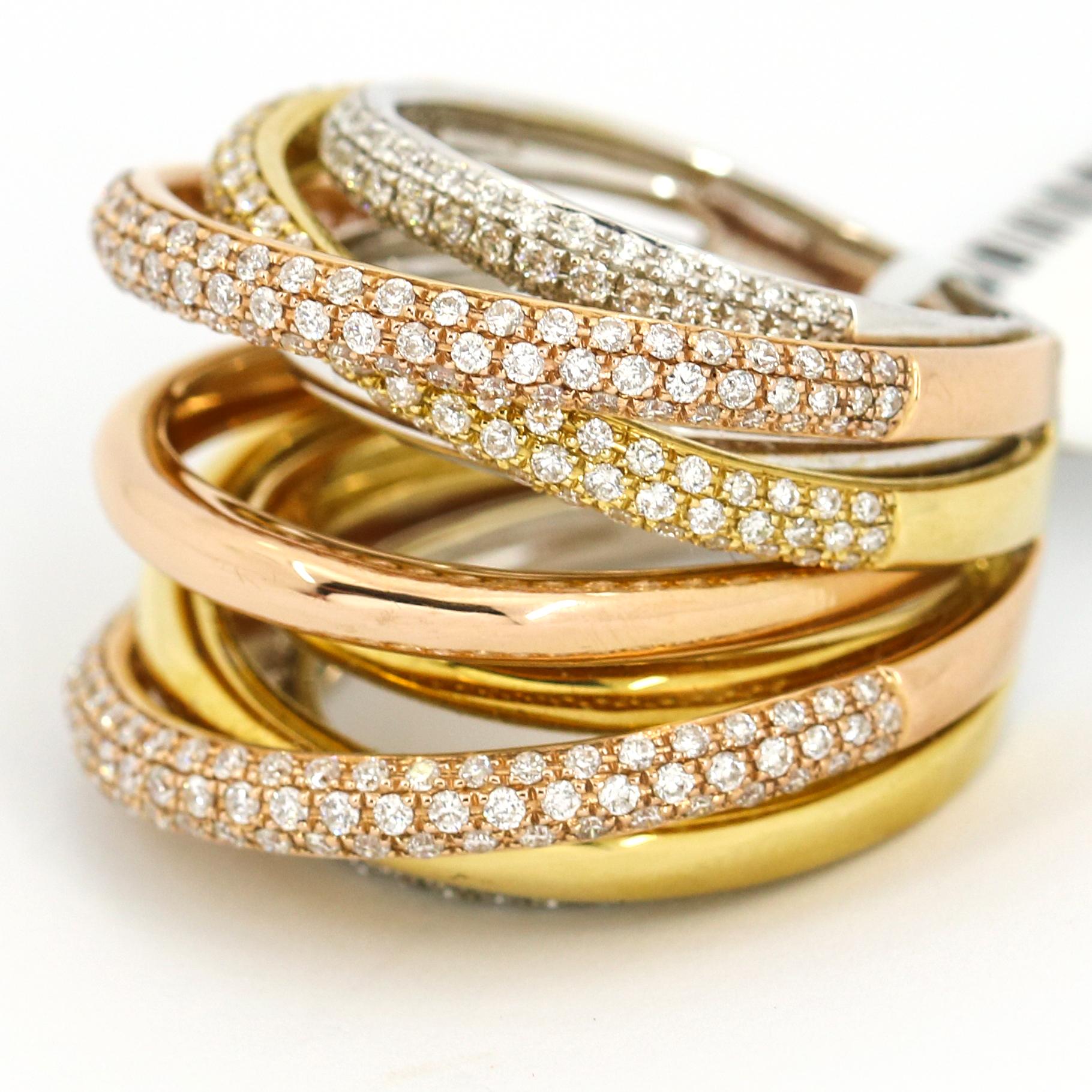 Round Cut 2.43 Carat 18 Karat Tri-Gold Diamond 9-Band Crossover Fashion Ring For Sale