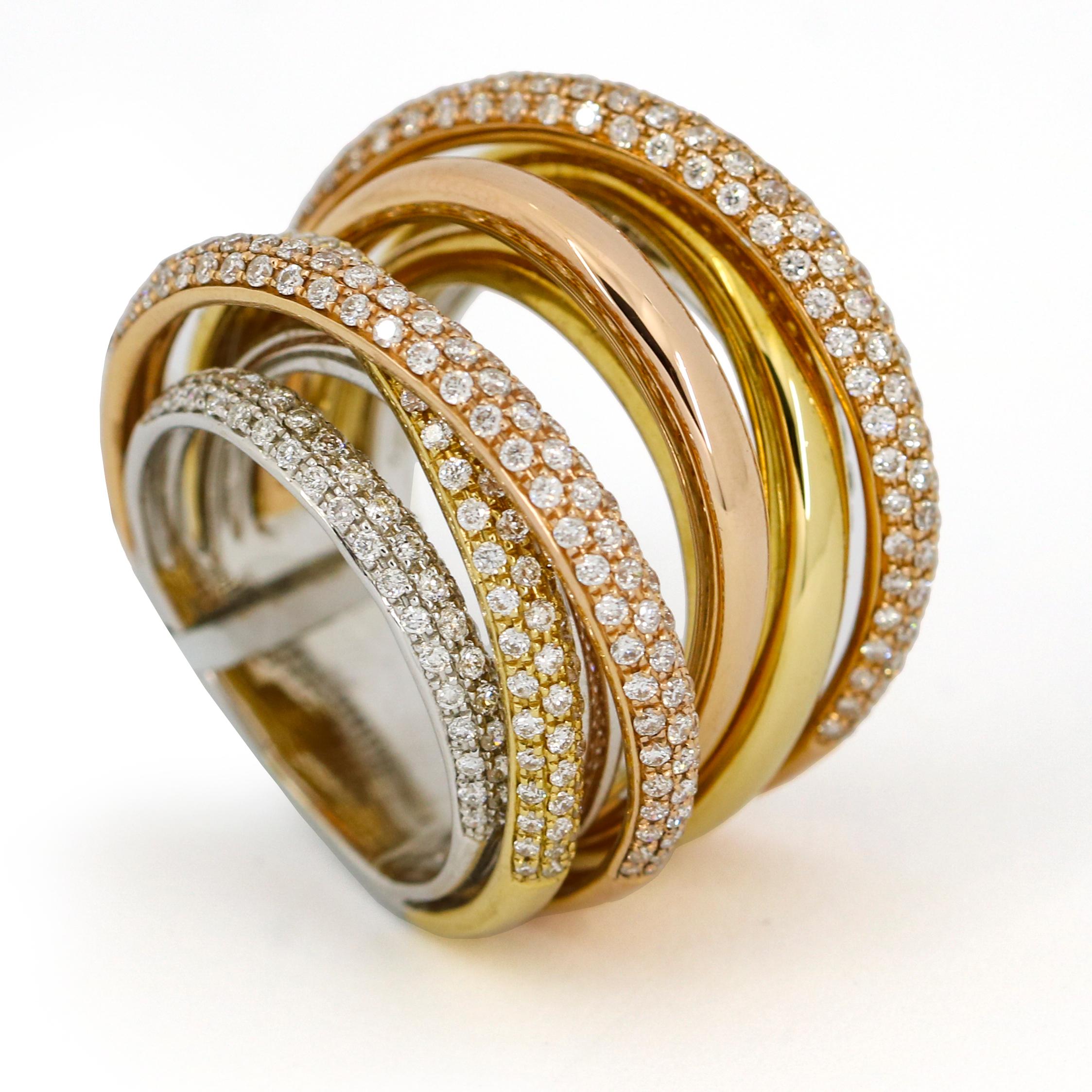 Women's or Men's 2.43 Carat 18 Karat Tri-Gold Diamond 9-Band Crossover Fashion Ring For Sale