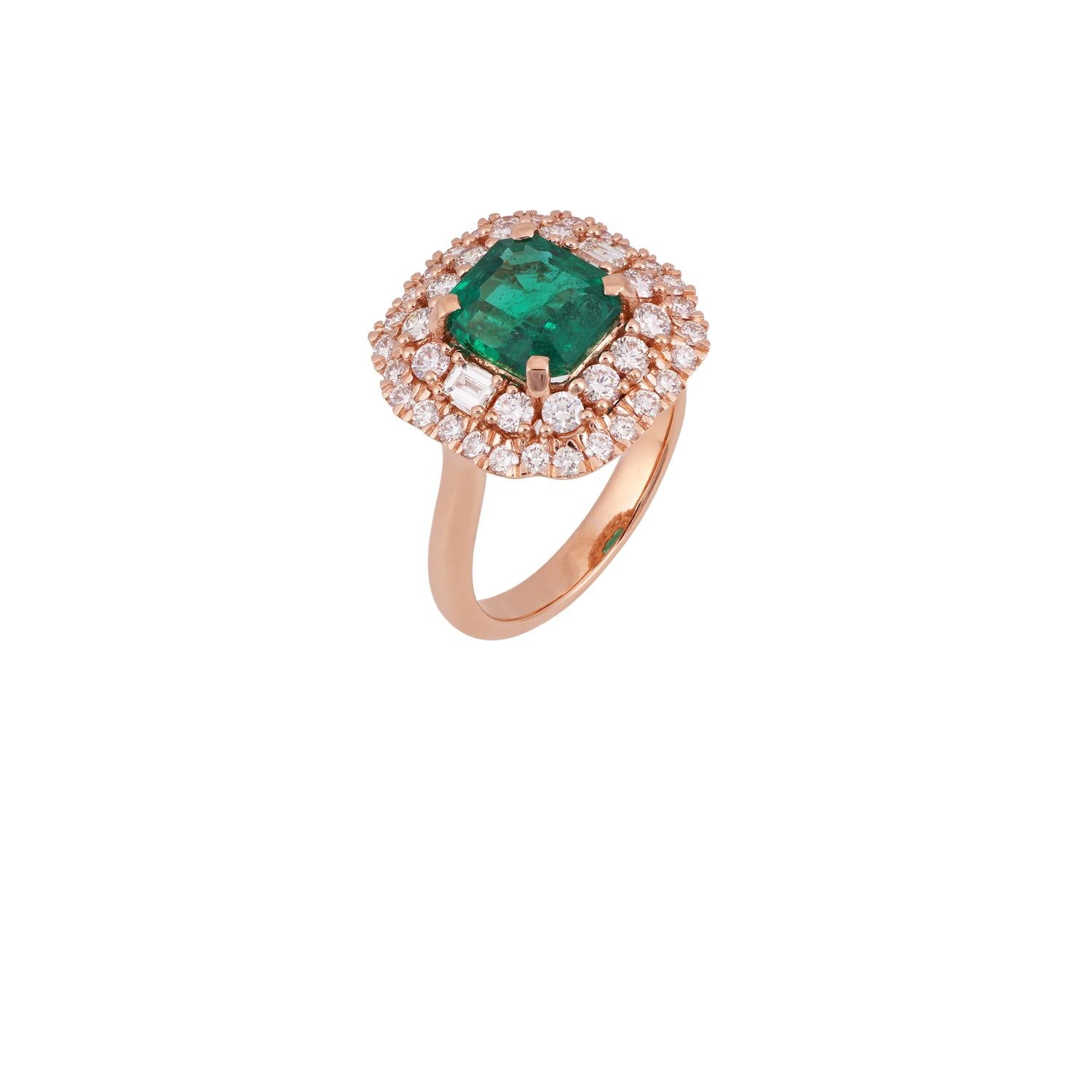 Emerald Cut 2.43 Carat Clear Zambian Emerald & Diamond Cluster Ring in 18K Rose  Gold For Sale
