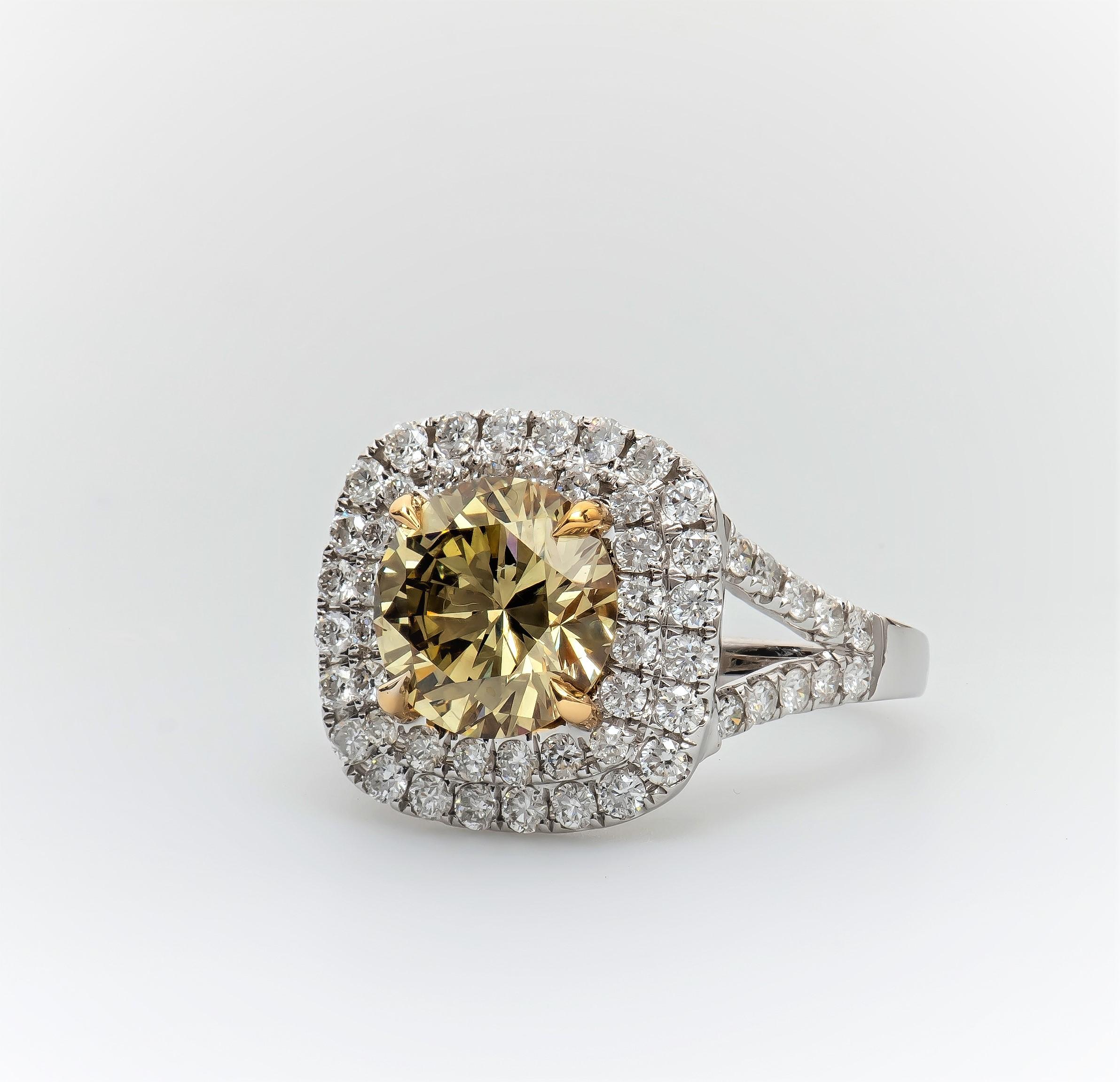 Women's 2.43 Carat 'GIA' Round Natural Brown-Green-Yellow Diamond with Double Halo Ring