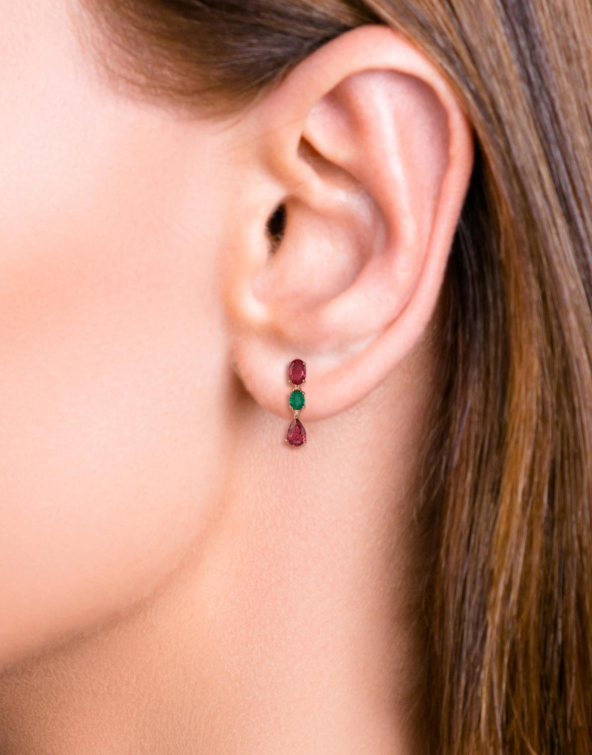 Artisan 2.43 Carat Mozambique Ruby & Emerald Stud Earrings in 18k Gold For Sale