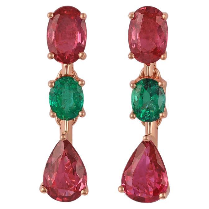 2.43 Carat Mozambique Ruby & Emerald Stud Earrings in 18k Gold
