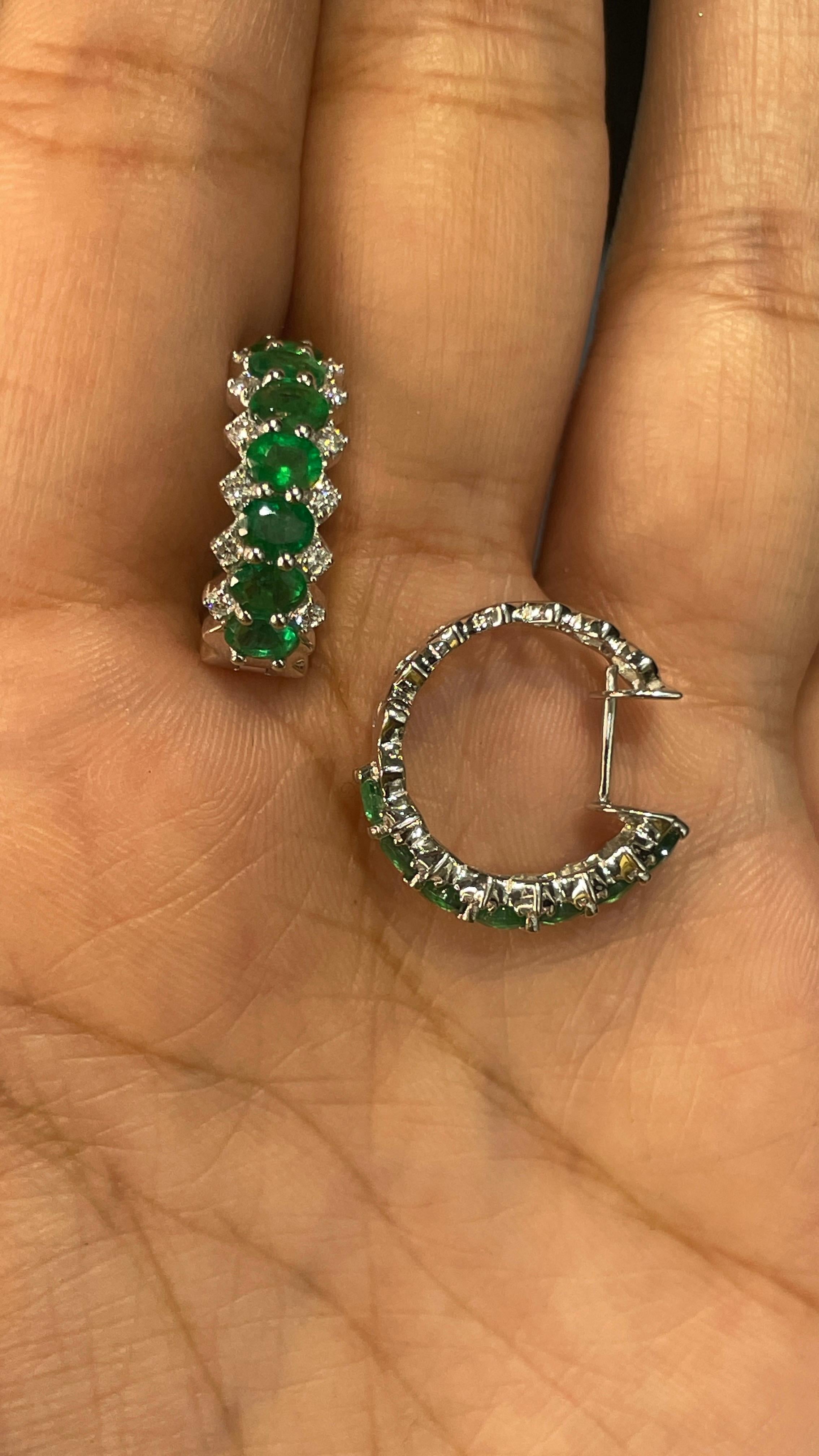 Oval Cut 2.43 Carat Natural Emerald and Diamond Designer Hoop Earrings in 18K White Gold For Sale