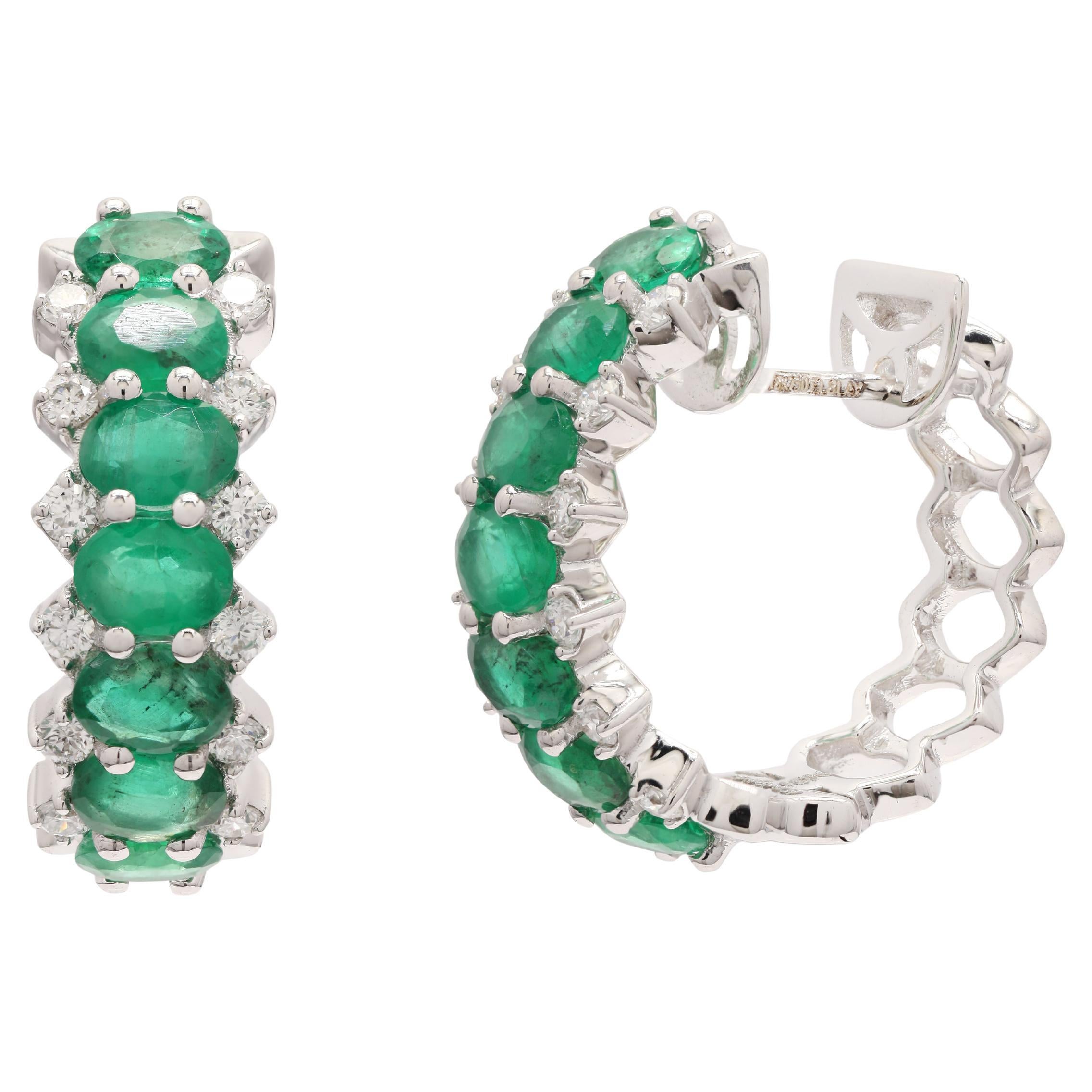 2.43 Carat Natural Emerald and Diamond Designer Hoop Earrings in 18K White Gold