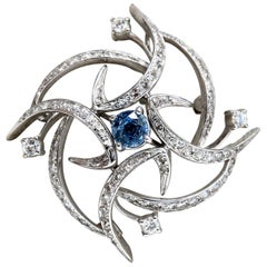 2.43 Carat Natural Sapphire Diamonds Platinum Brooch Vintage Ninja Star Platinum