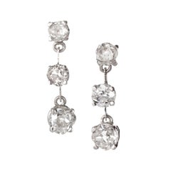 2.43 Carat Old Mine Diamond Thin Bar Style 3 Section Platinum Dangle Earrings