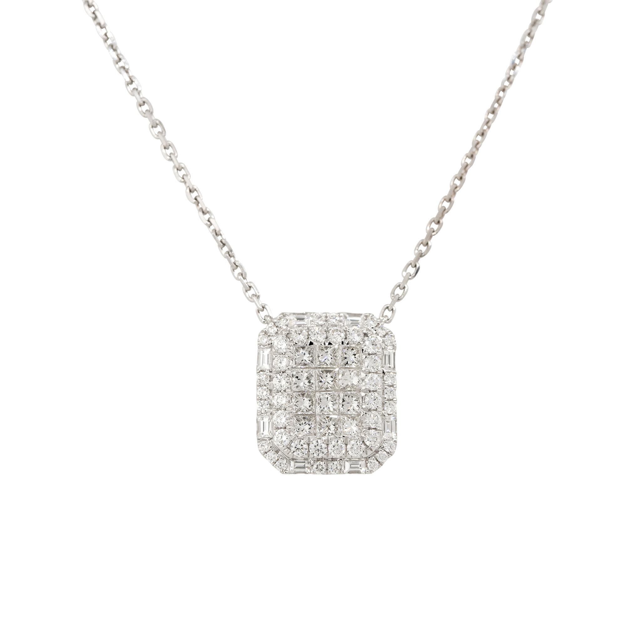 18k White Gold 2.43ctw Pave Diamond Rectangular Shape Necklace
Material: 18k White Gold
Diamond Details: There are approximately 2.43 carats of invisible set diamonds. There are Princess cut diamonds in the center of the pendant surrounded by