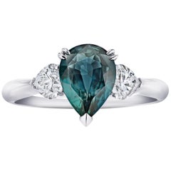 2.43 Carat Pear Shape Bluish Green Sapphire and Diamond Ring