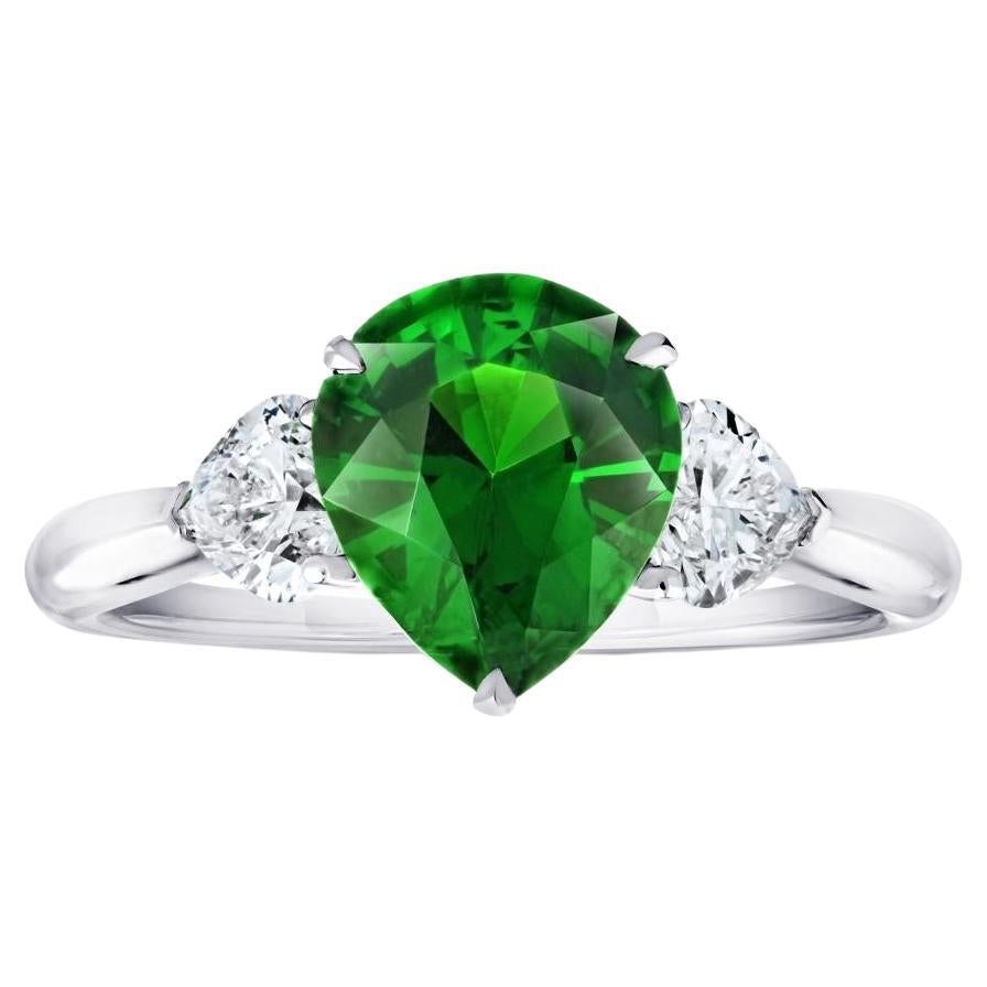 2.43 Carat Pear Shape Green Tsavorite and Diamond Platinum Ring For Sale
