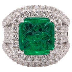 2.43 Carat Vivid Green Emerald Carving & 2.17 Carat Diamond Multi Purpose Ring