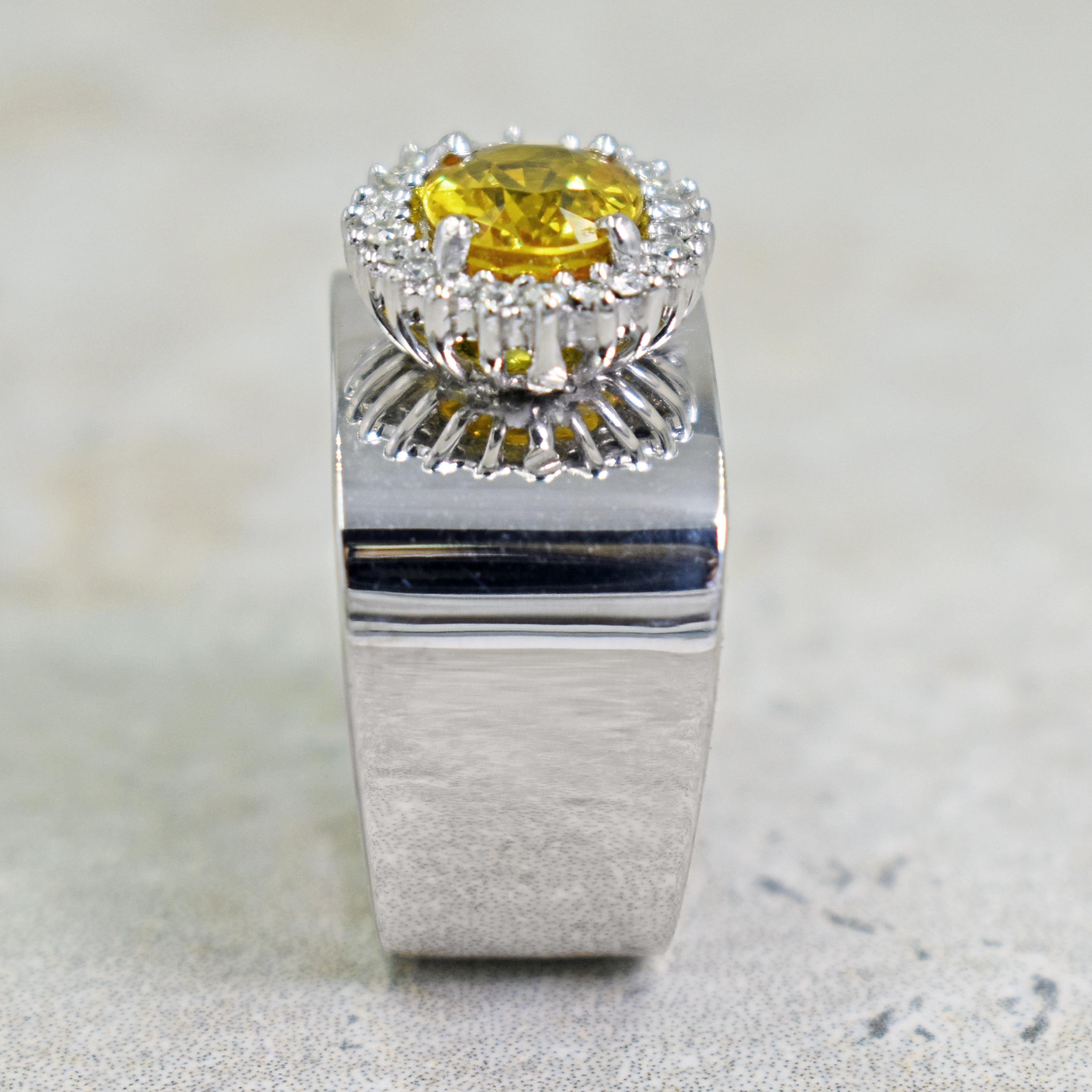 Oval Cut 2.43 Carat Yellow Sapphire Diamond Halo 14 Karat White Gold Cocktail Ring For Sale