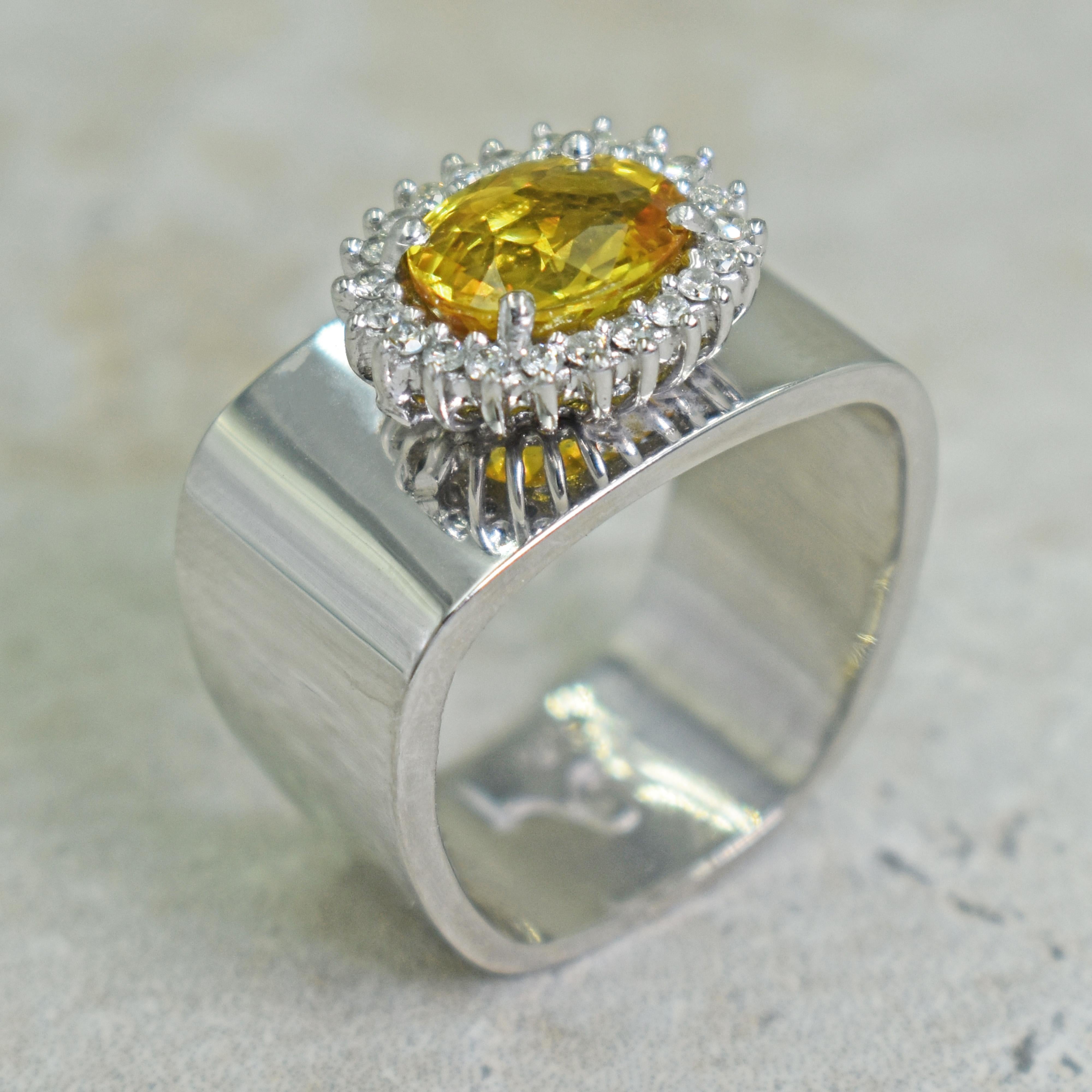 2.43 Carat Yellow Sapphire Diamond Halo 14 Karat White Gold Cocktail Ring In New Condition For Sale In Naples, FL