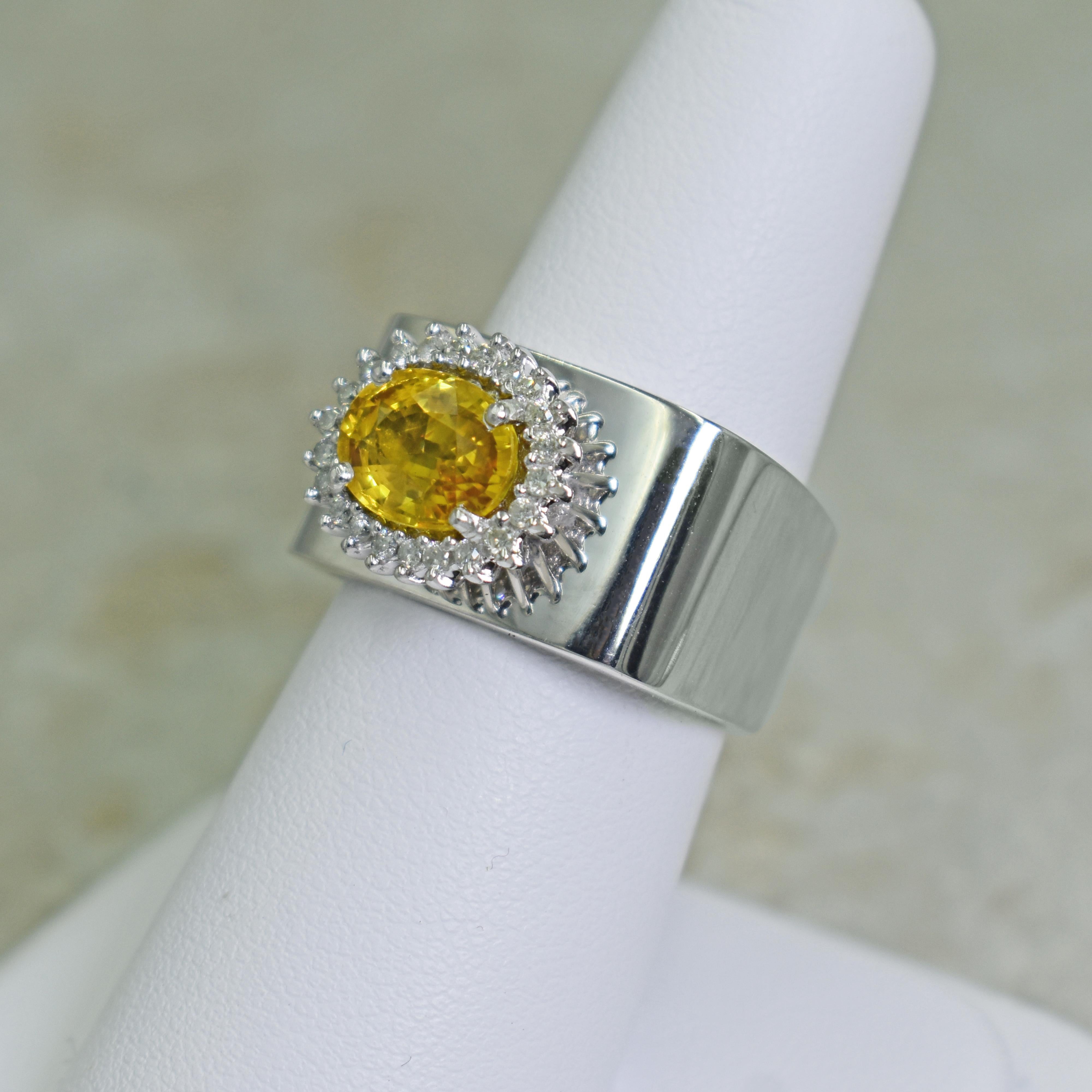 2.43 Carat Yellow Sapphire Diamond Halo 14 Karat White Gold Cocktail Ring For Sale 1