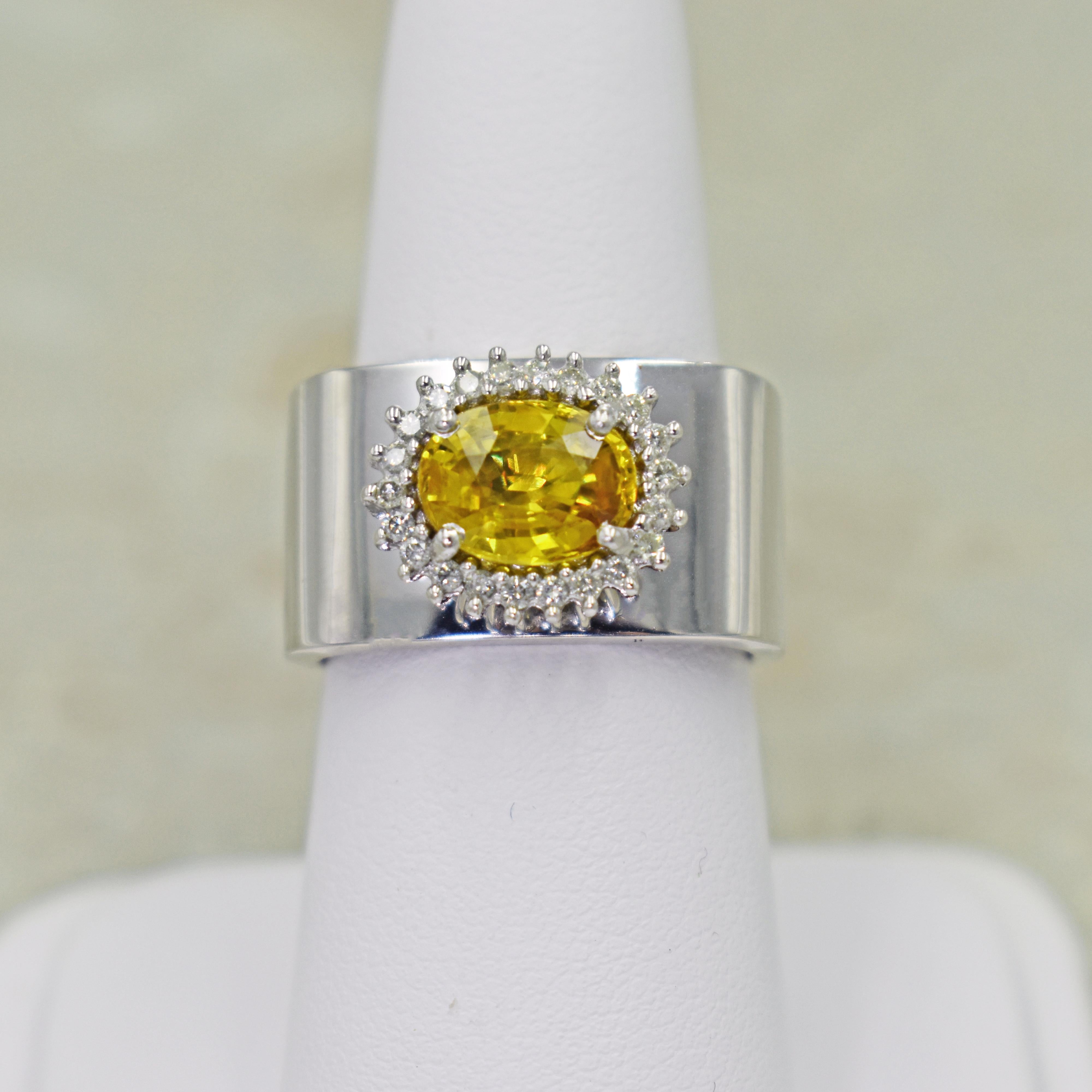 2.43 Carat Yellow Sapphire Diamond Halo 14 Karat White Gold Cocktail Ring For Sale 2