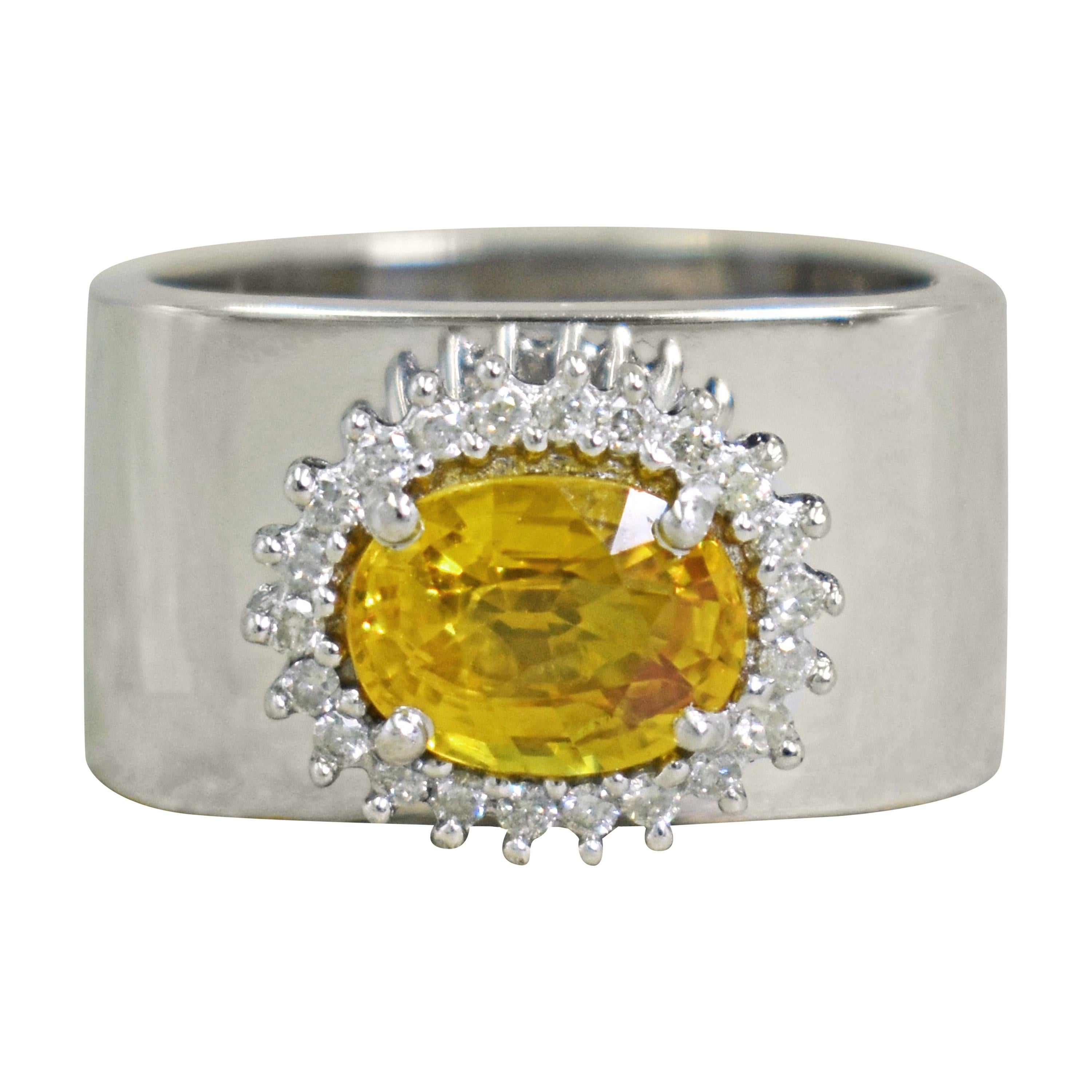 2.43 Carat Yellow Sapphire Diamond Halo 14 Karat White Gold Cocktail Ring