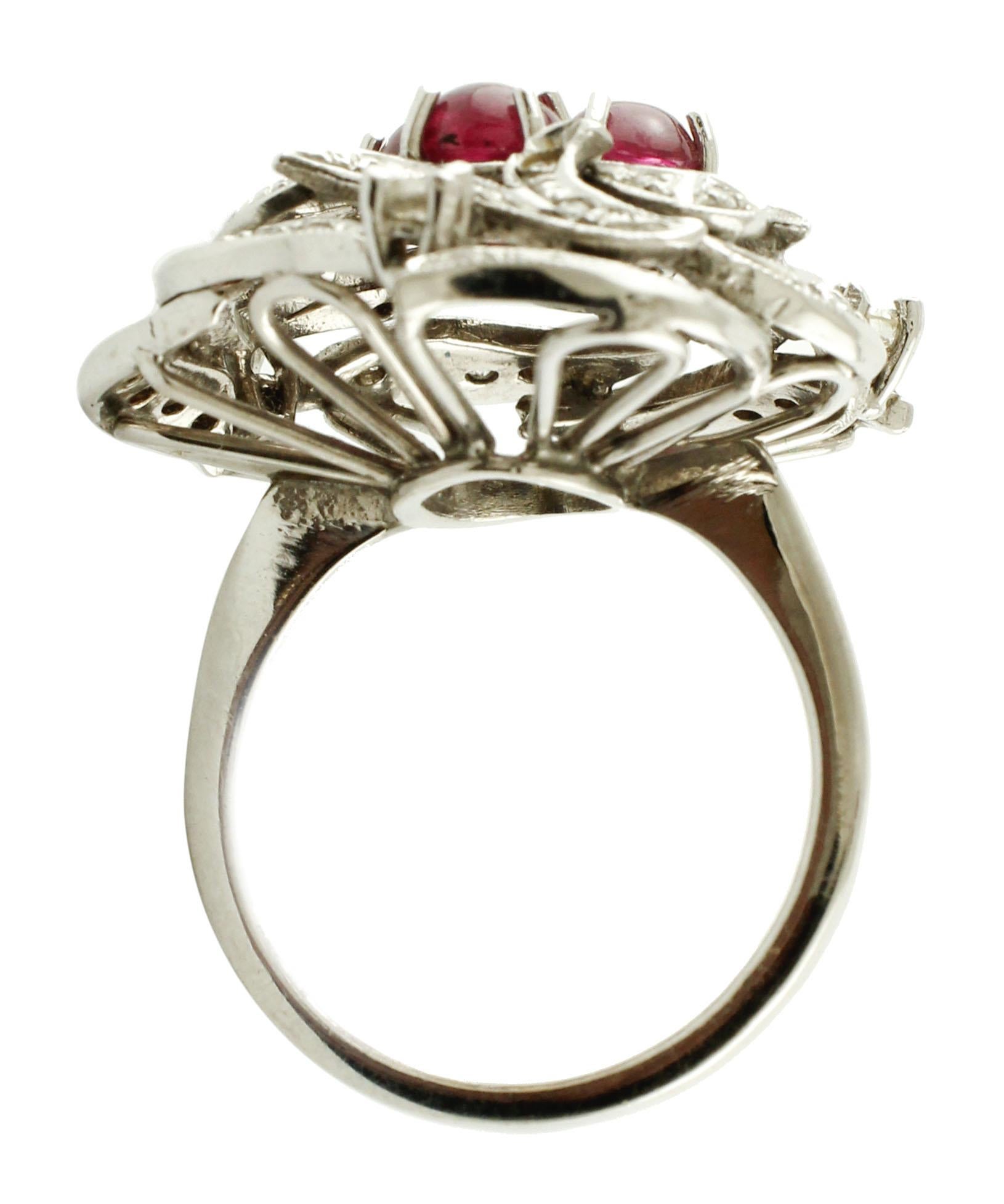 Mixed Cut 2.43 Carat Rubies, 0.86 Carat White Diamonds, White Gold Fashion Design Ring For Sale