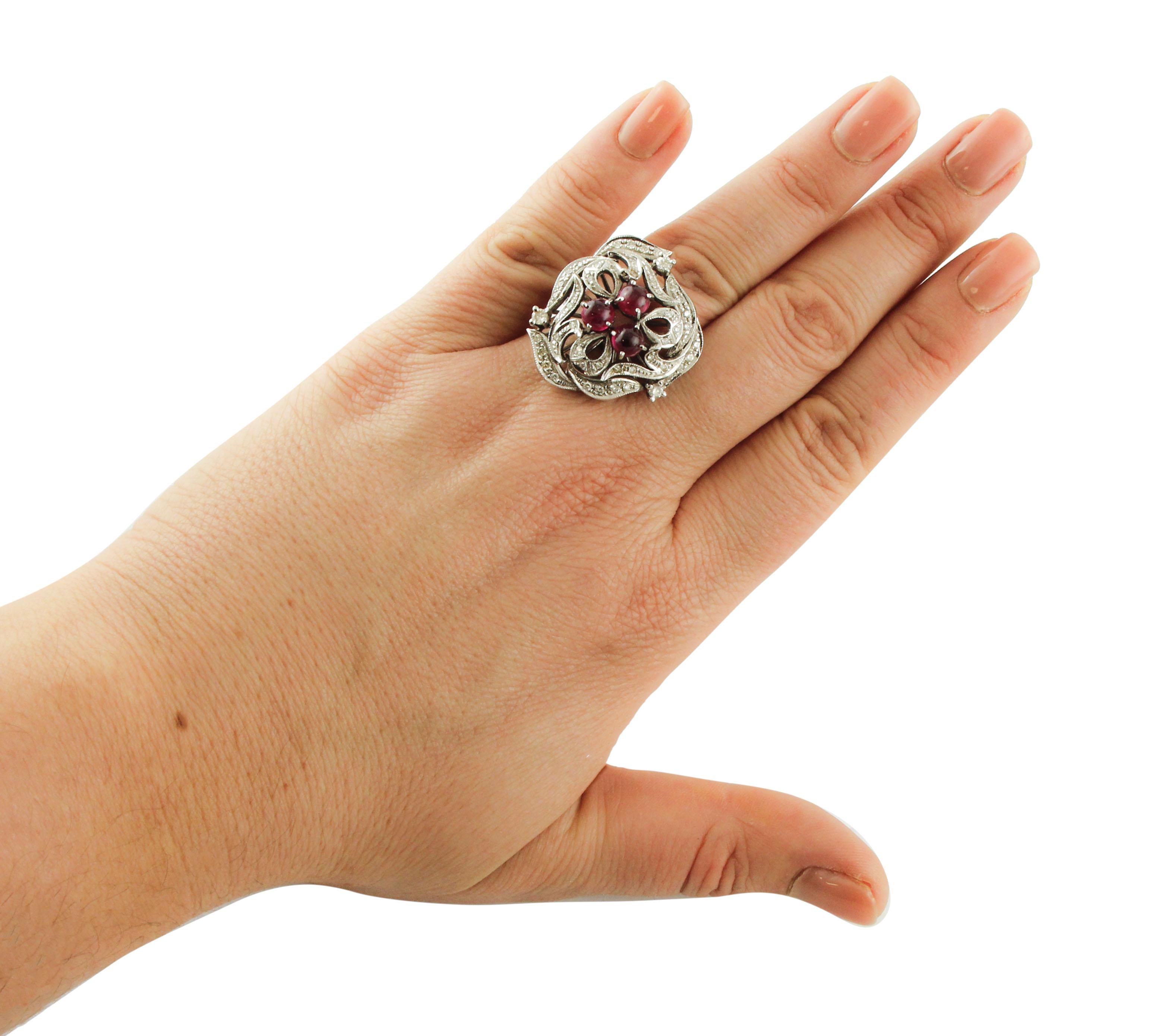 Women's 2.43 Carat Rubies, 0.86 Carat White Diamonds, White Gold Fashion Design Ring For Sale