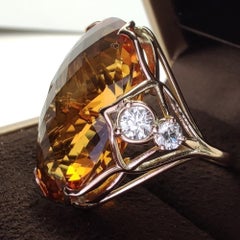 24.30 Carat Natural Citrine Diamond Cocktail Ring Handcrafted 14K Gold