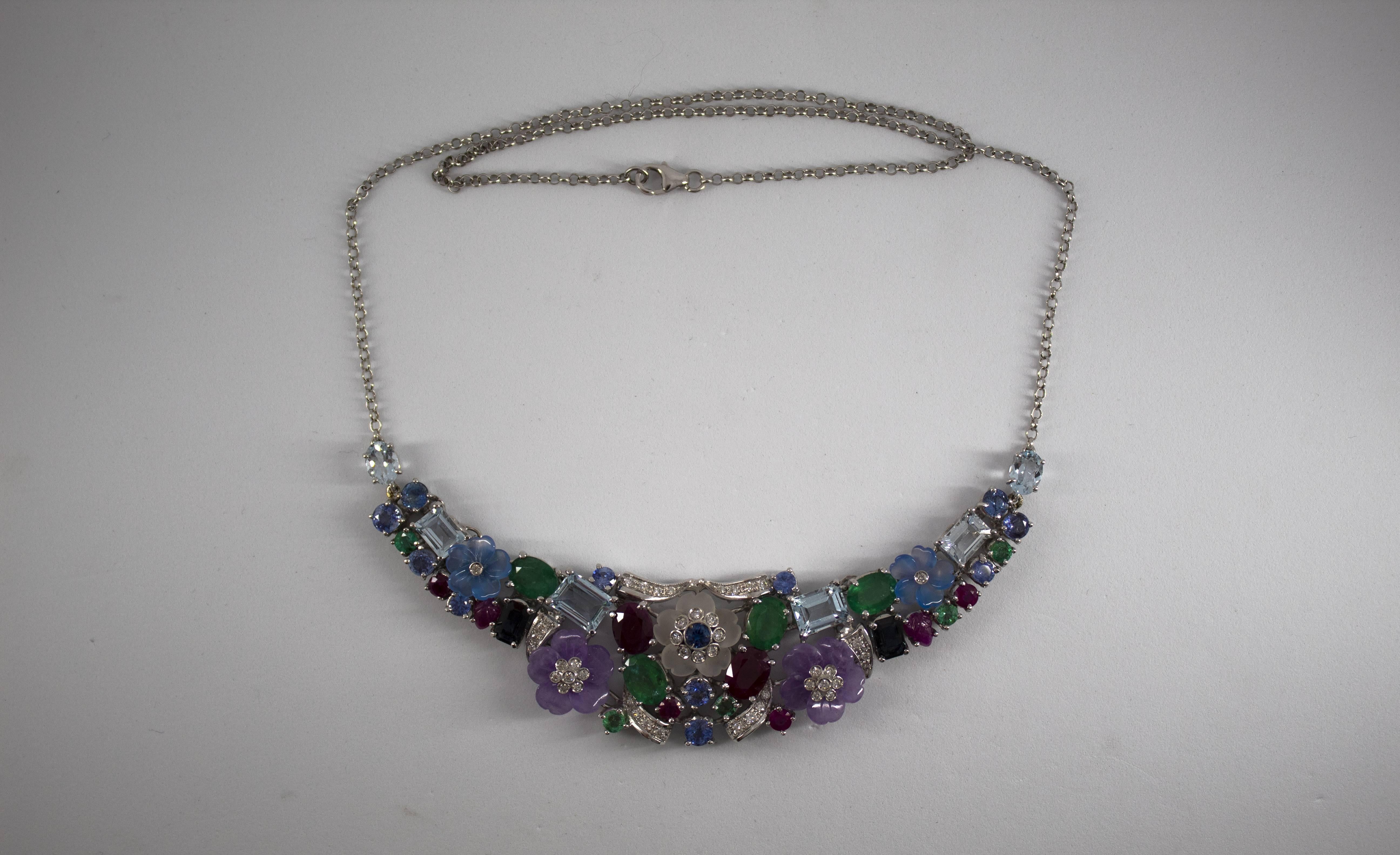 This Necklace is made of 18K White Gold.
This Necklace has 0.60 Carats of Diamonds.
This Necklace has 24.30 Carats of Sapphires, Rubies, Emeralds and Aquamarines.
This Necklace has Agate, Amethyst and Rock Crystal.
The Necklace Length is 50cm.
We're
