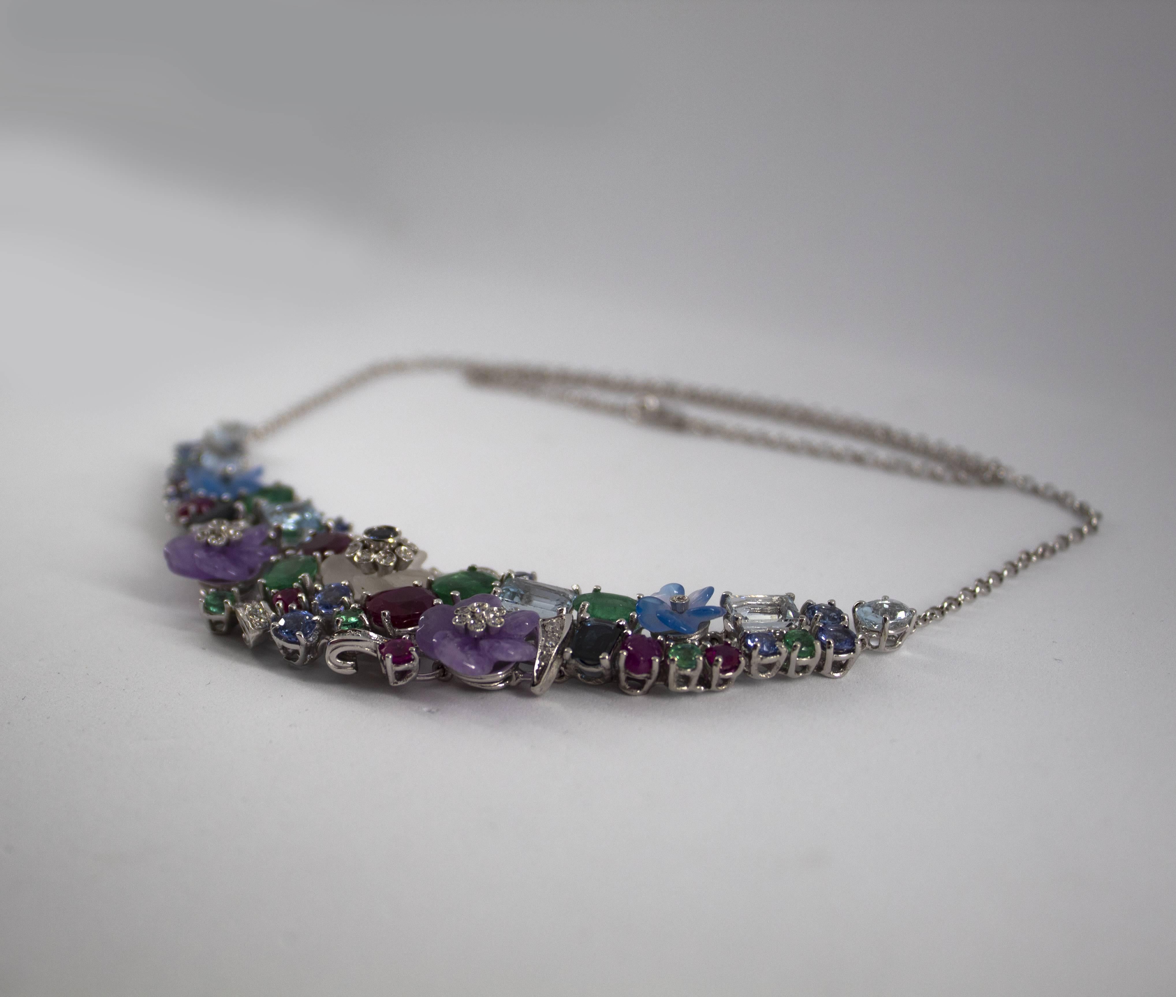 Art Nouveau 24.30 Carat Ruby Sapphire Emerald Aquamarine Diamond White Gold Flowers Necklace