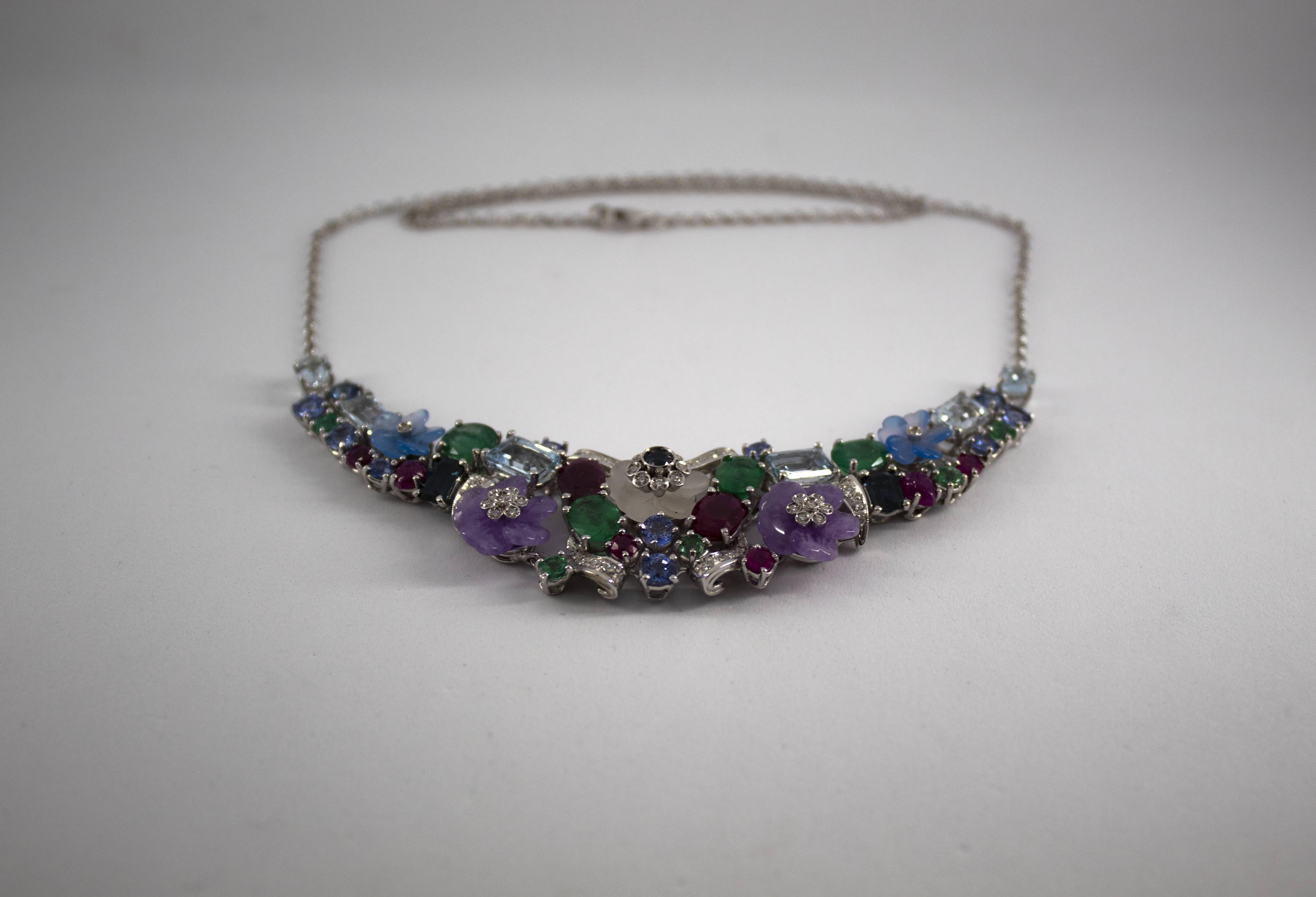 Women's or Men's 24.30 Carat Ruby Sapphire Emerald Aquamarine Diamond White Gold Flowers Necklace