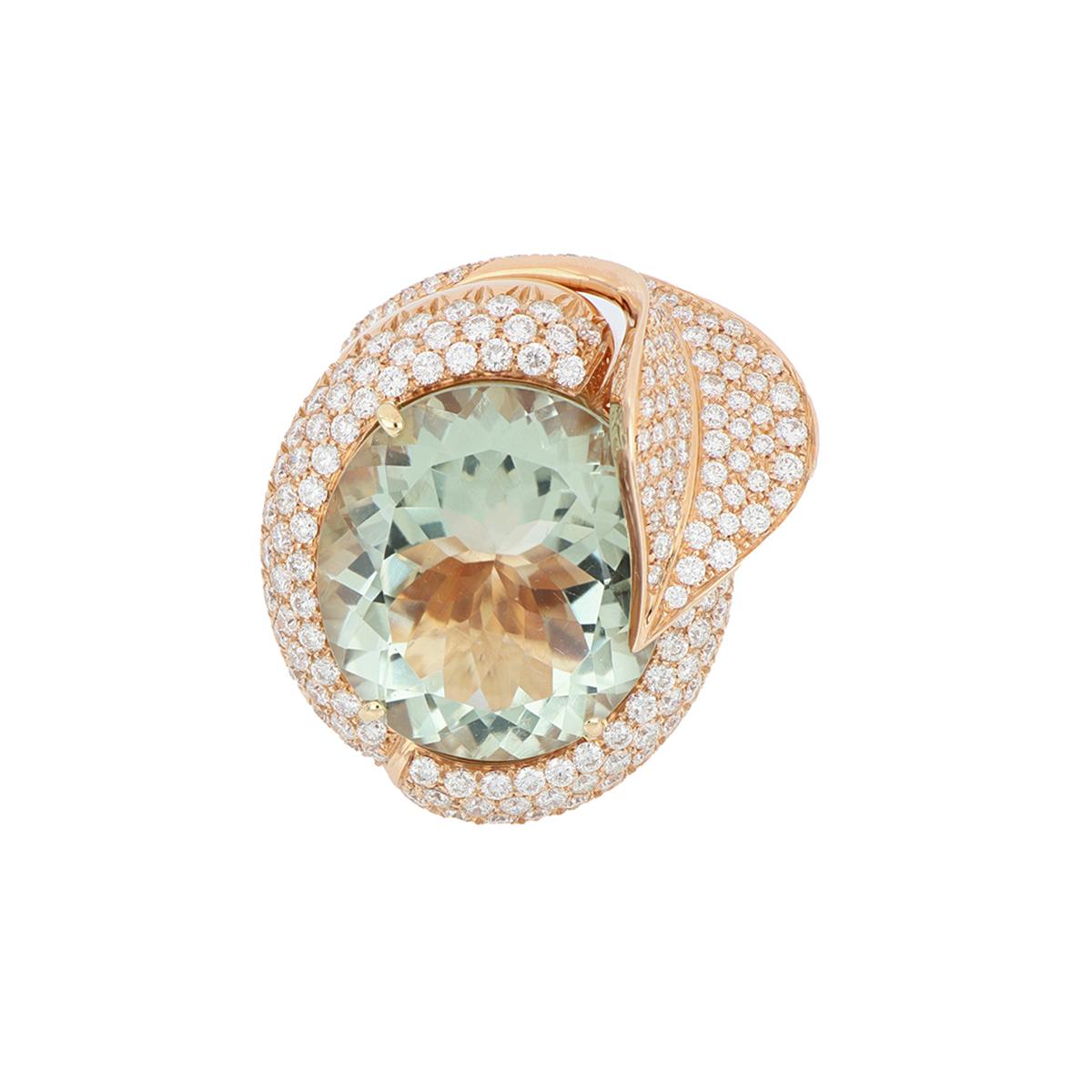 For Sale:  24.30 Ct Green Round Amethyst with Diamond Pavè Leaf Cocktail Gold Ring 3