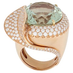 24.30 Ct Green Round Amethyst with Diamond Pavè Leaf Cocktail Gold Ring