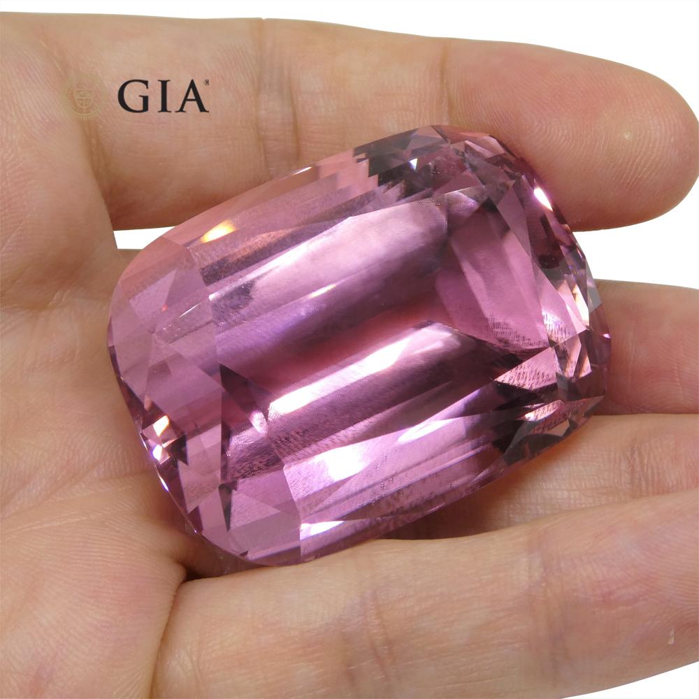 This is a stunning GIA Certified Kunzite 
    
The GIA report reads as follows: 
GIA Report Number: 5222292272  
Shape: Cushion  
Cutting Style:   
Cutting Style: Crown: Modified Brilliant Cut  
Cutting Style: Pavilion: Step Cut  
Transparency: