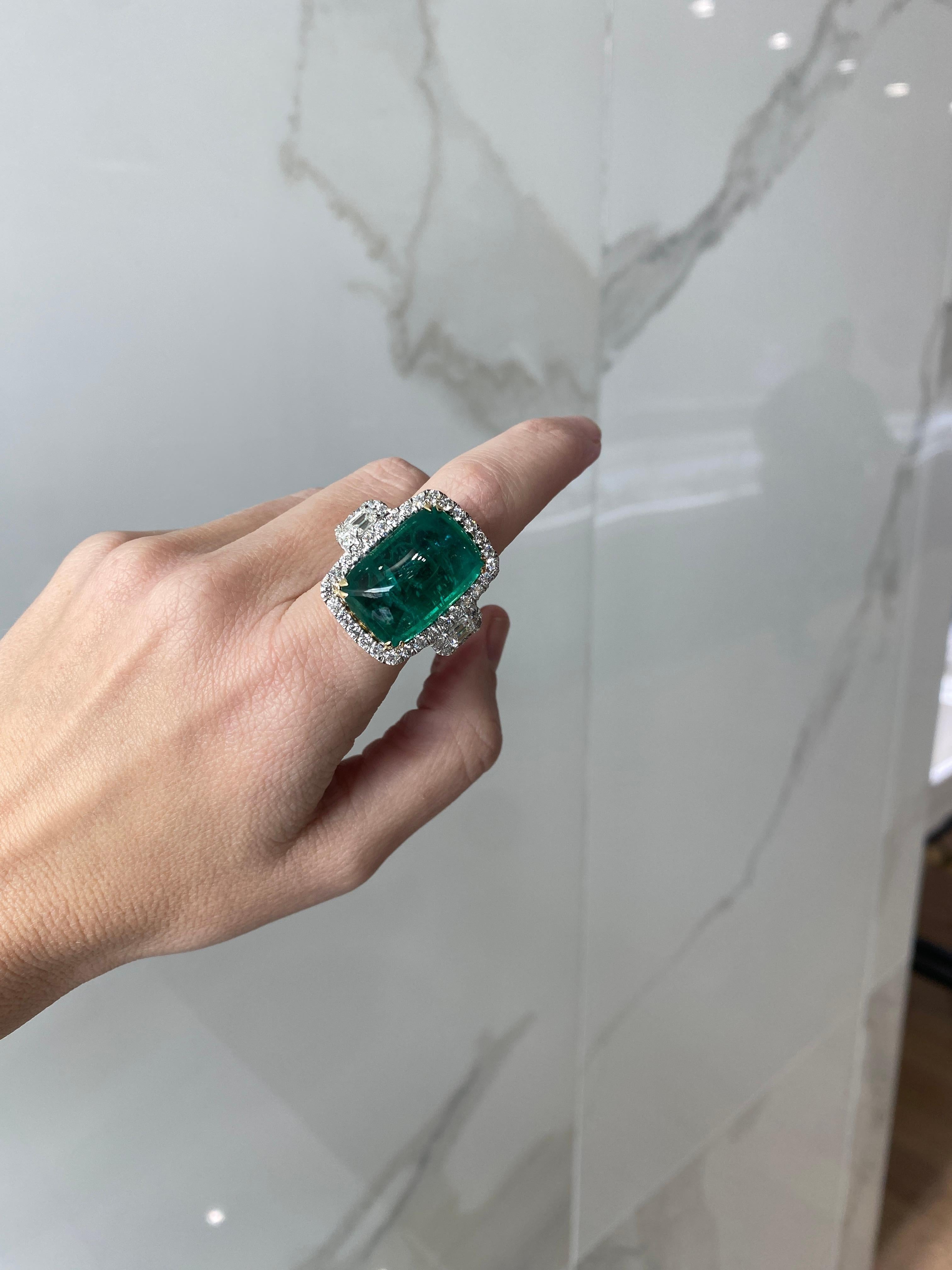24.32 Carat Cabochon Emerald Cut Emerald & Diamond Cocktail Ring For Sale 6