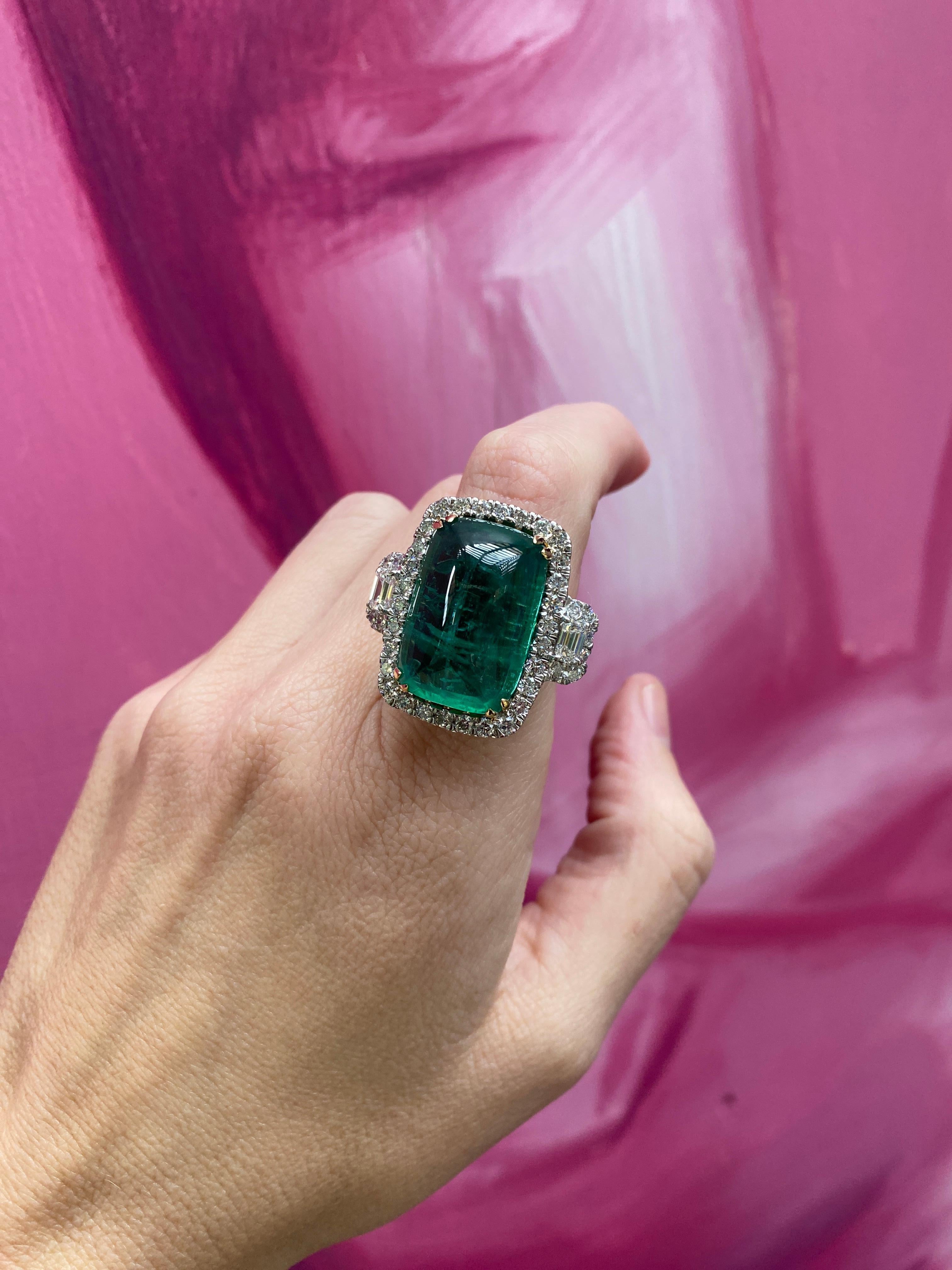 24.32 Carat Cabochon Emerald Cut Emerald & Diamond Cocktail Ring For Sale 7