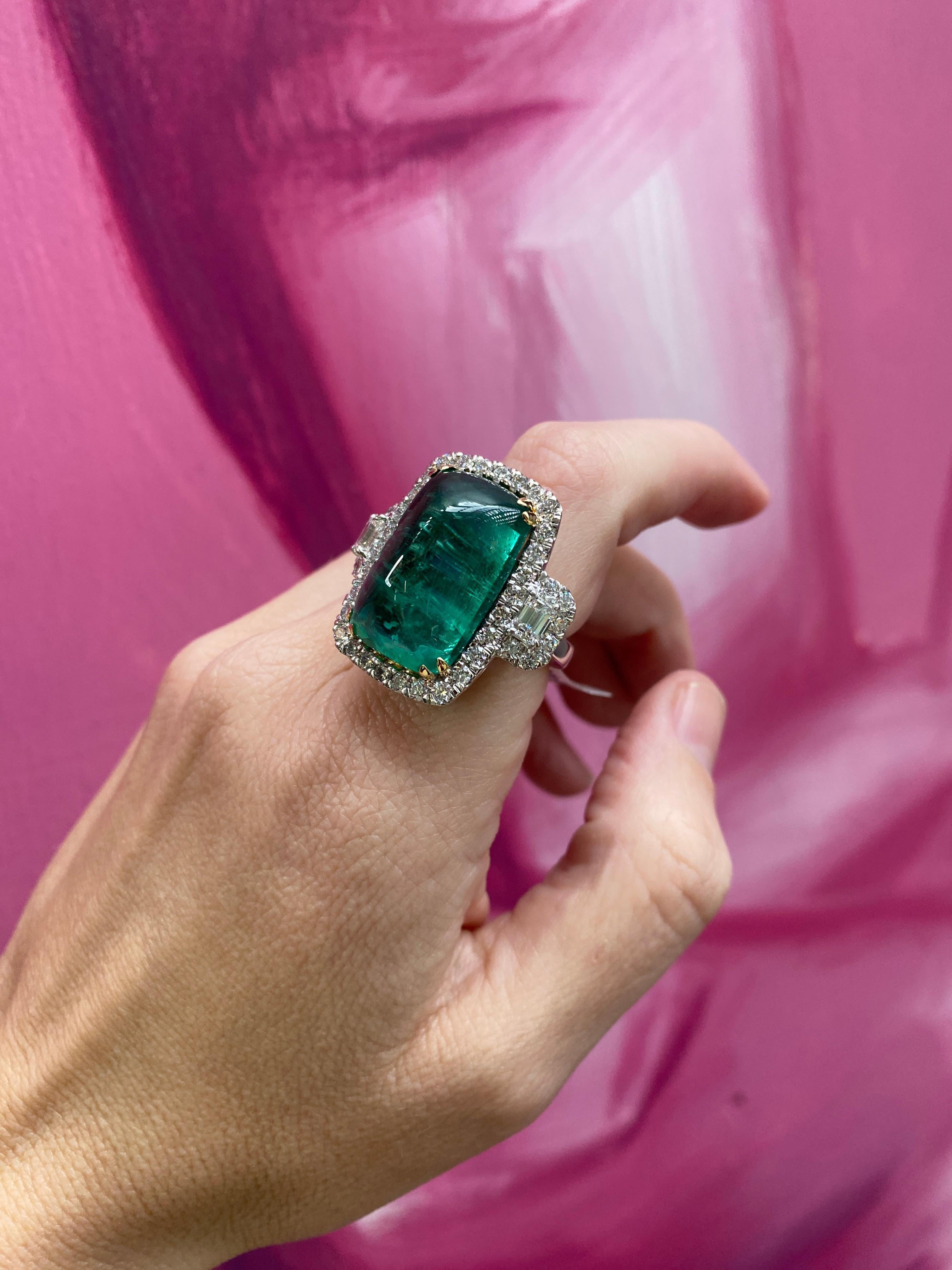 24.32 Carat Cabochon Emerald Cut Emerald & Diamond Cocktail Ring For Sale 8